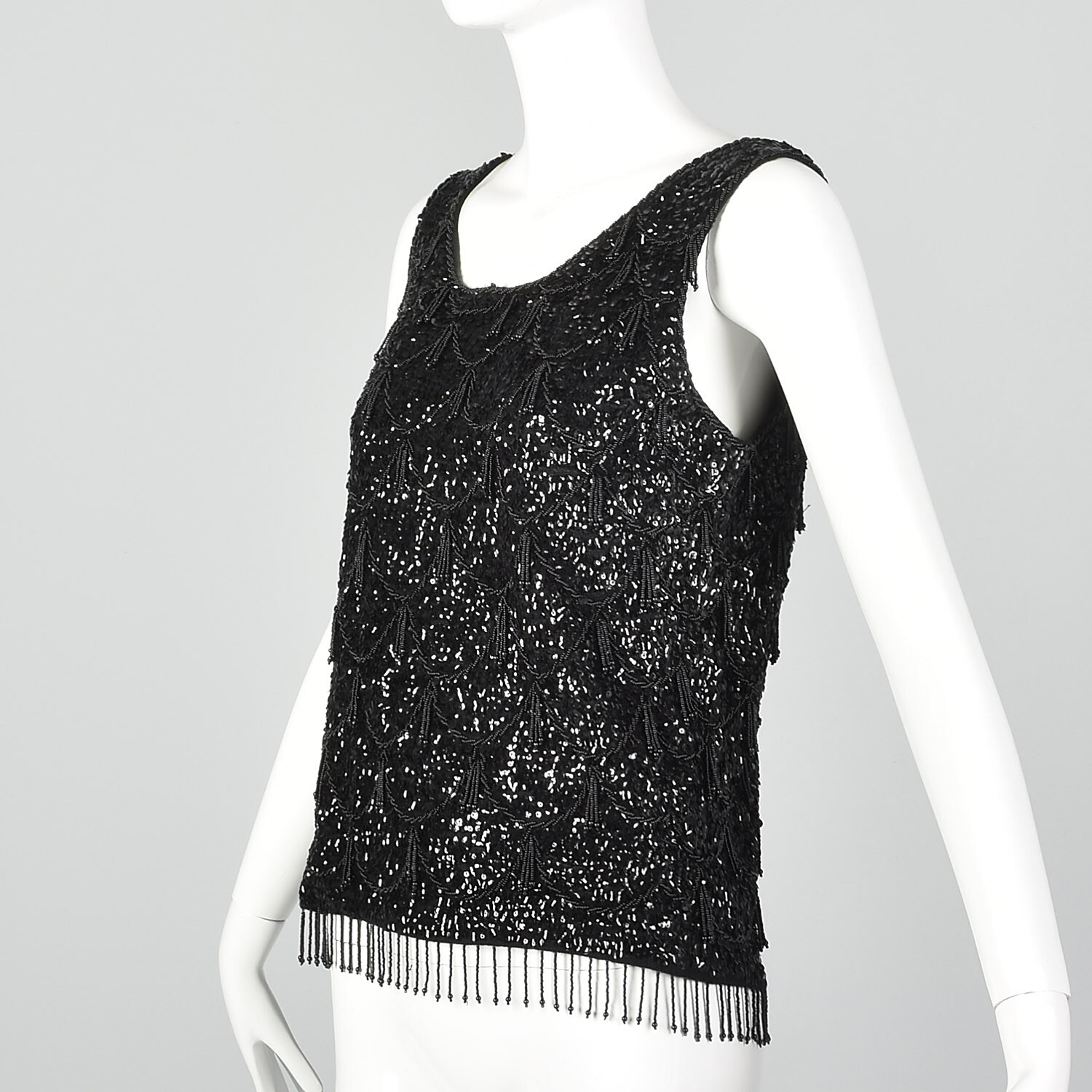 Medium 1960s Sleeveless Black Beaded Blouse 60s Knit Tank Vintage Sequin Top VTG