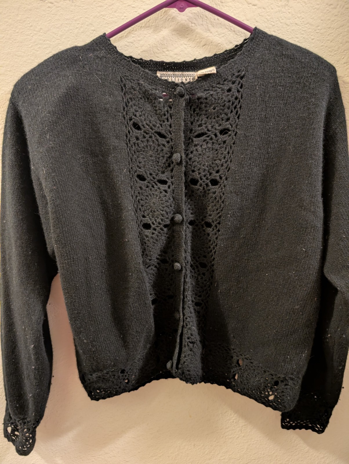 Women&rsquo;s Vintage 90s Black Crochet Cardigan Wool/Angora, Medium, Great Shape
