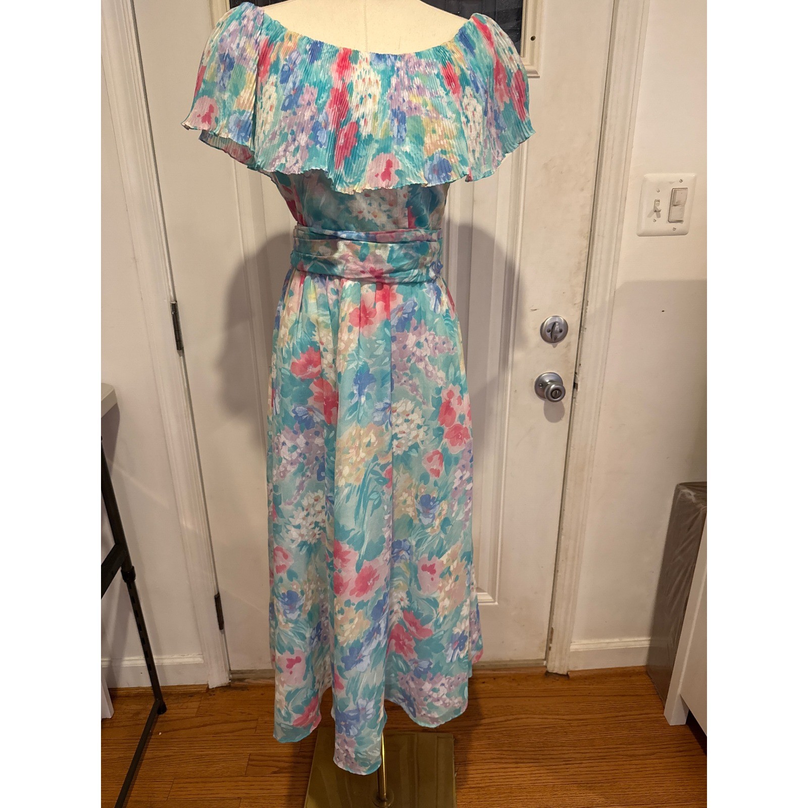 Vintage Lanz Originals Floral Maxi Dress Off Shoulder Pleated Ruffle 80&rsquo;s Sz M