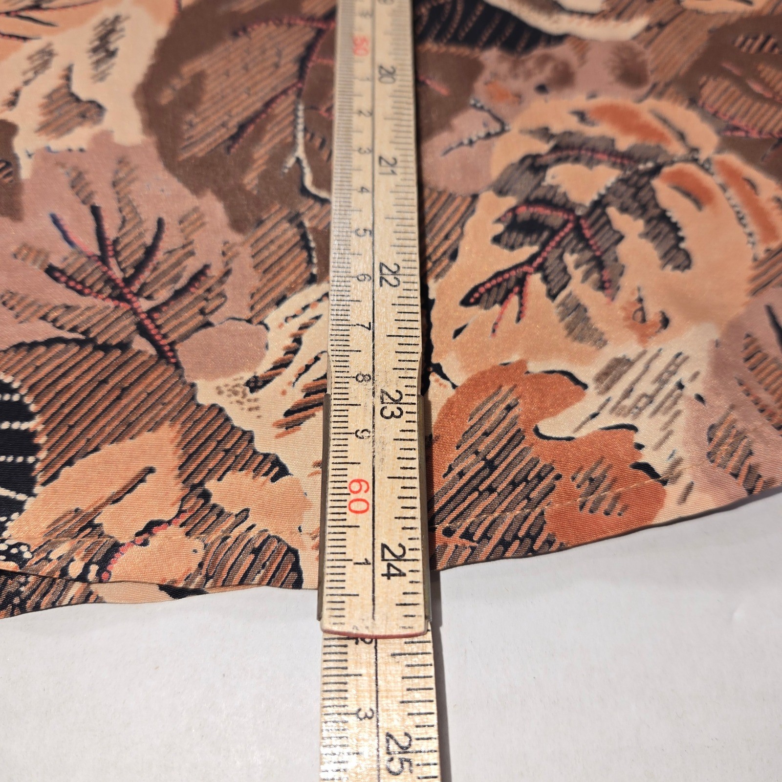 Vintage Macaw Womens Leaf Print Blouse Asymmetrical Satin Collar Brown Copper
