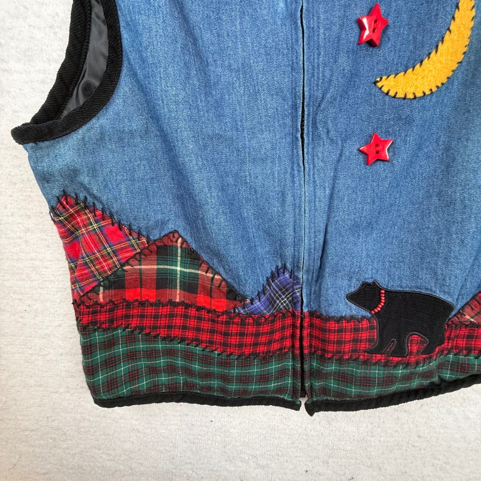 Susan Bristol Petites Patchwork Bear Moon Vest Womens M cabin folk art grandma