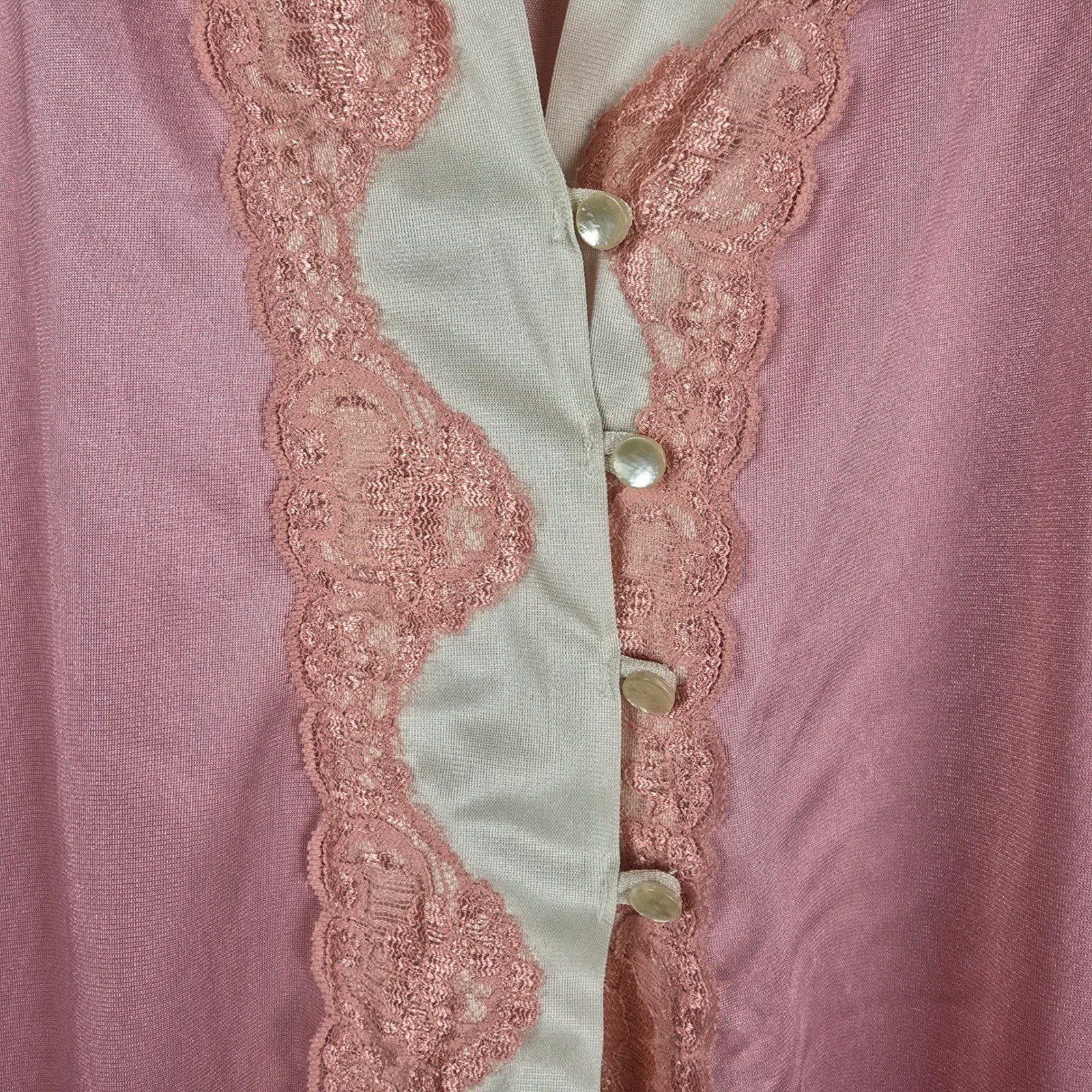 Vintage Undercover Wear Pink Bed Jacket Lingerie Robe Lace Trim Button Front