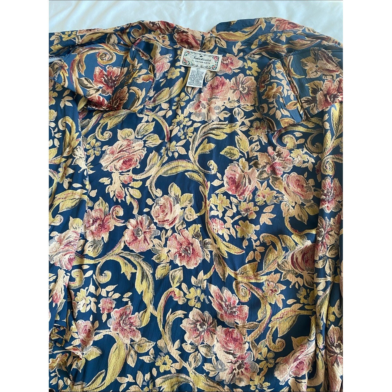 jonathan martin Sophisticates Navy Floral Button-Down Short Sleeve Blouse Vtg