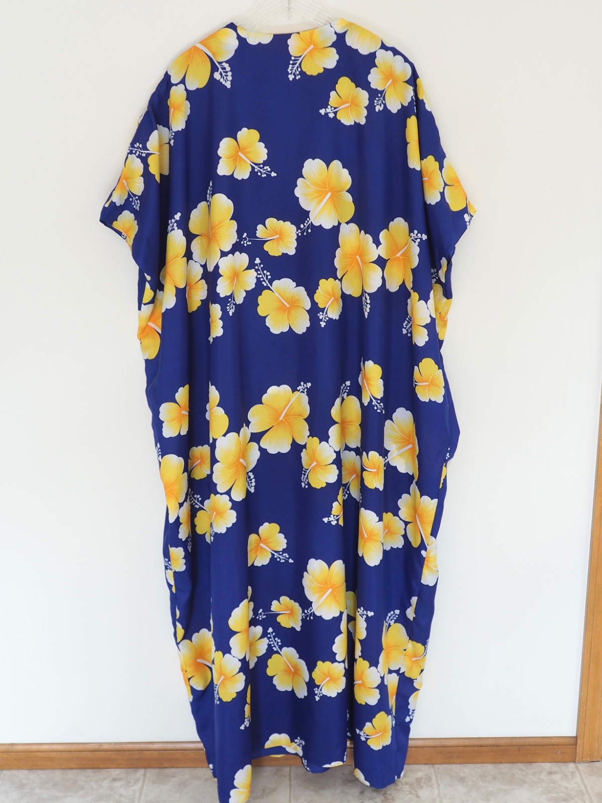Vintage Hilo Hattie Caftan Kimono Style Blue Hibiscus Hawaiian Maxi Dress Poly