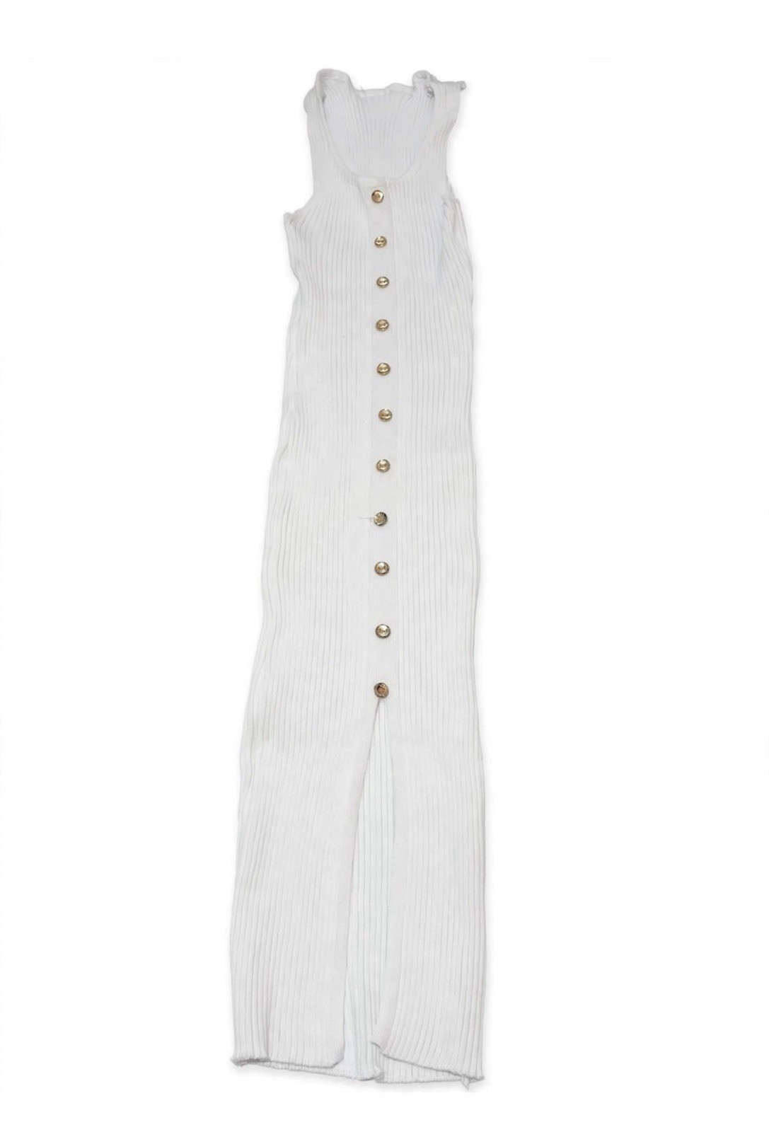 Sleeveless Ribbed Button-Front Midi Dress in White