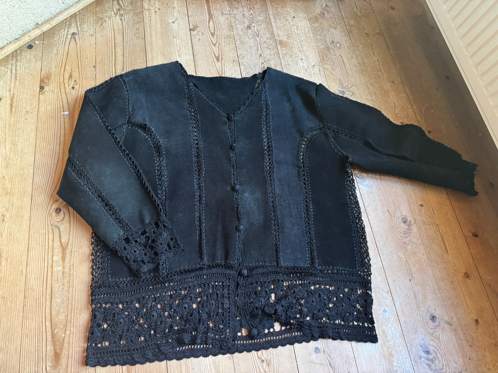 Vintage Leather Jacket Black Crochet Lace Boho Gothic Oversized 44 46 48