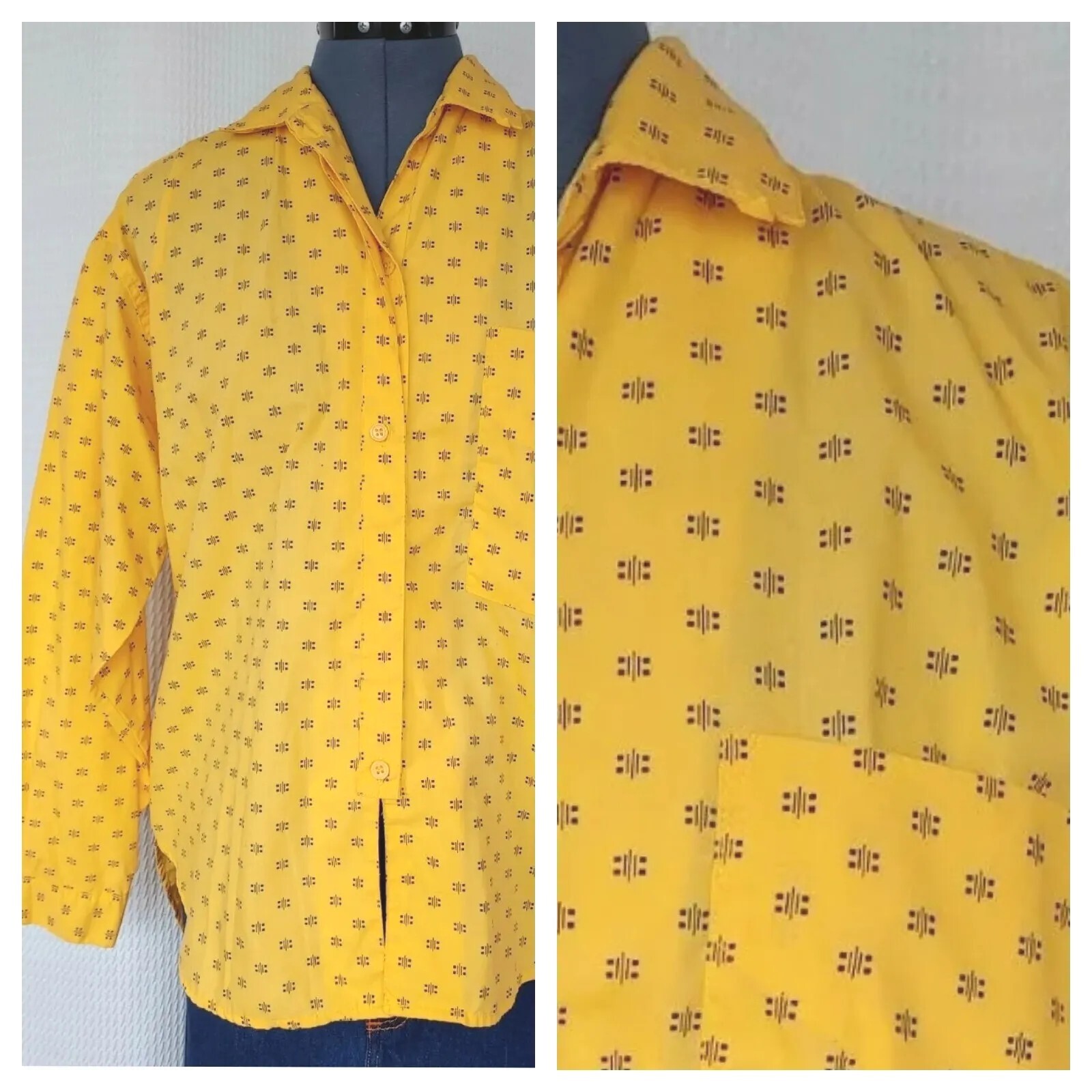 Vintage Good Look&rsquo;n Yellow Button Down Shirt with Black Pattern Size Medium