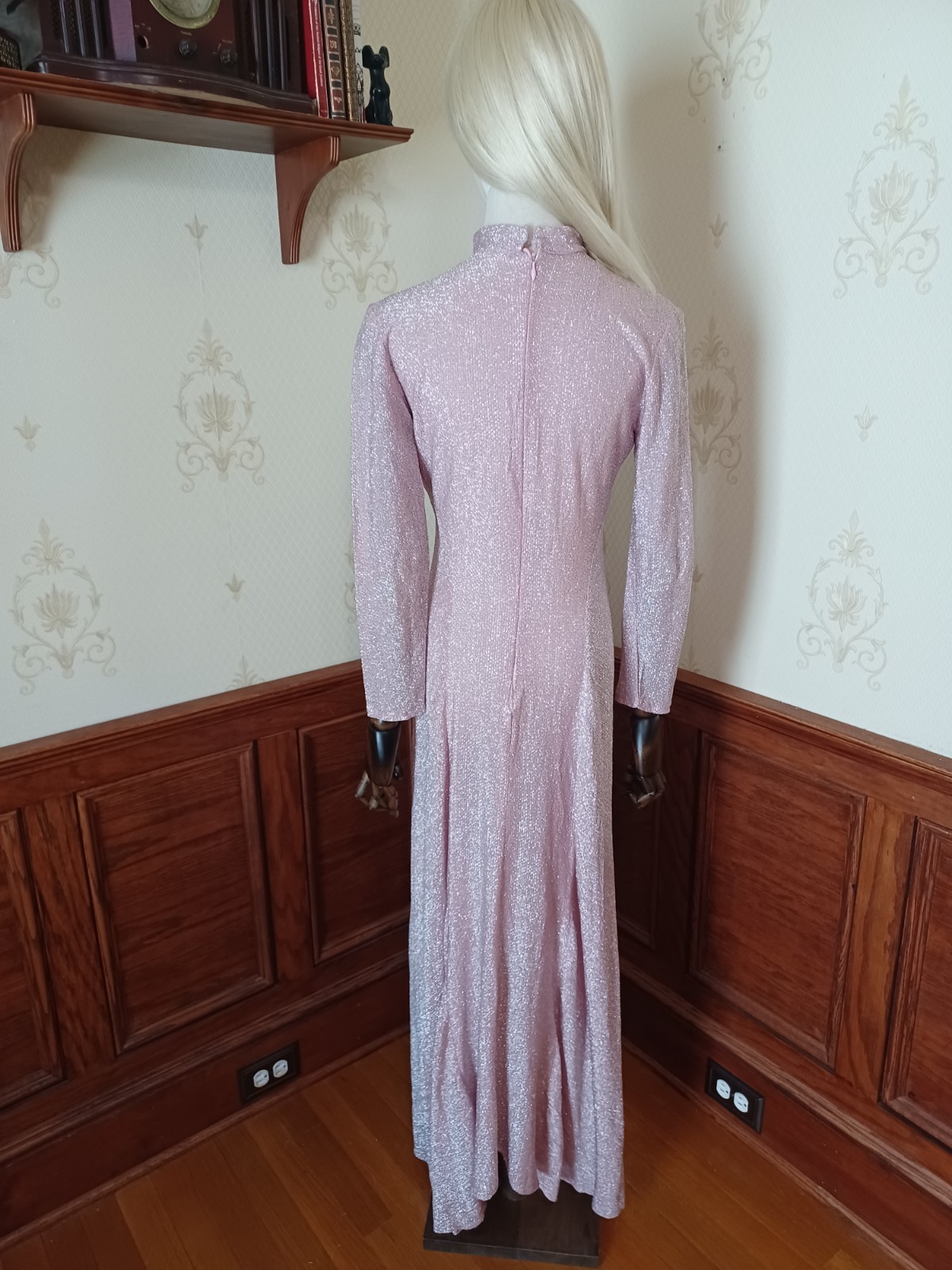 Vintage 1960s/70s Pink Glitter Disco Glam Medieval Revival Hostess Maxi Dress