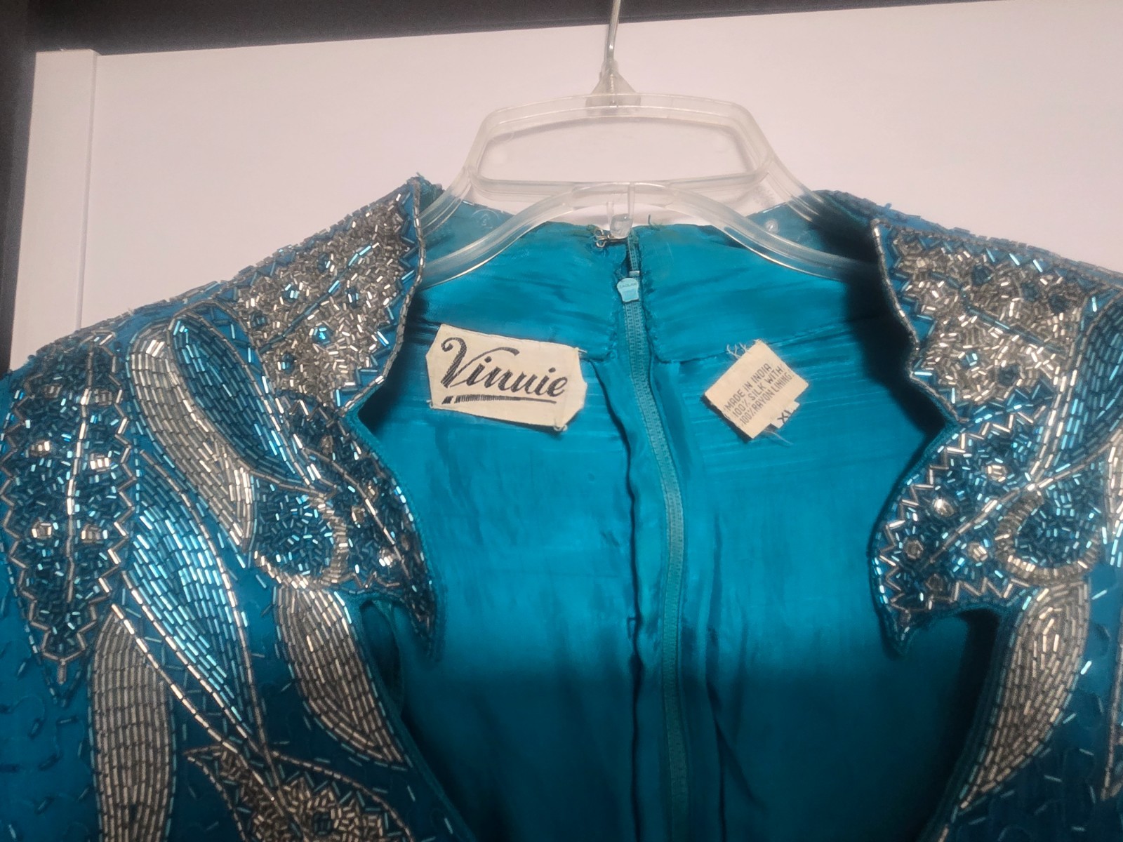 Vintage VINNIE Long Green, Teal, Silk Beaded Dress size XL