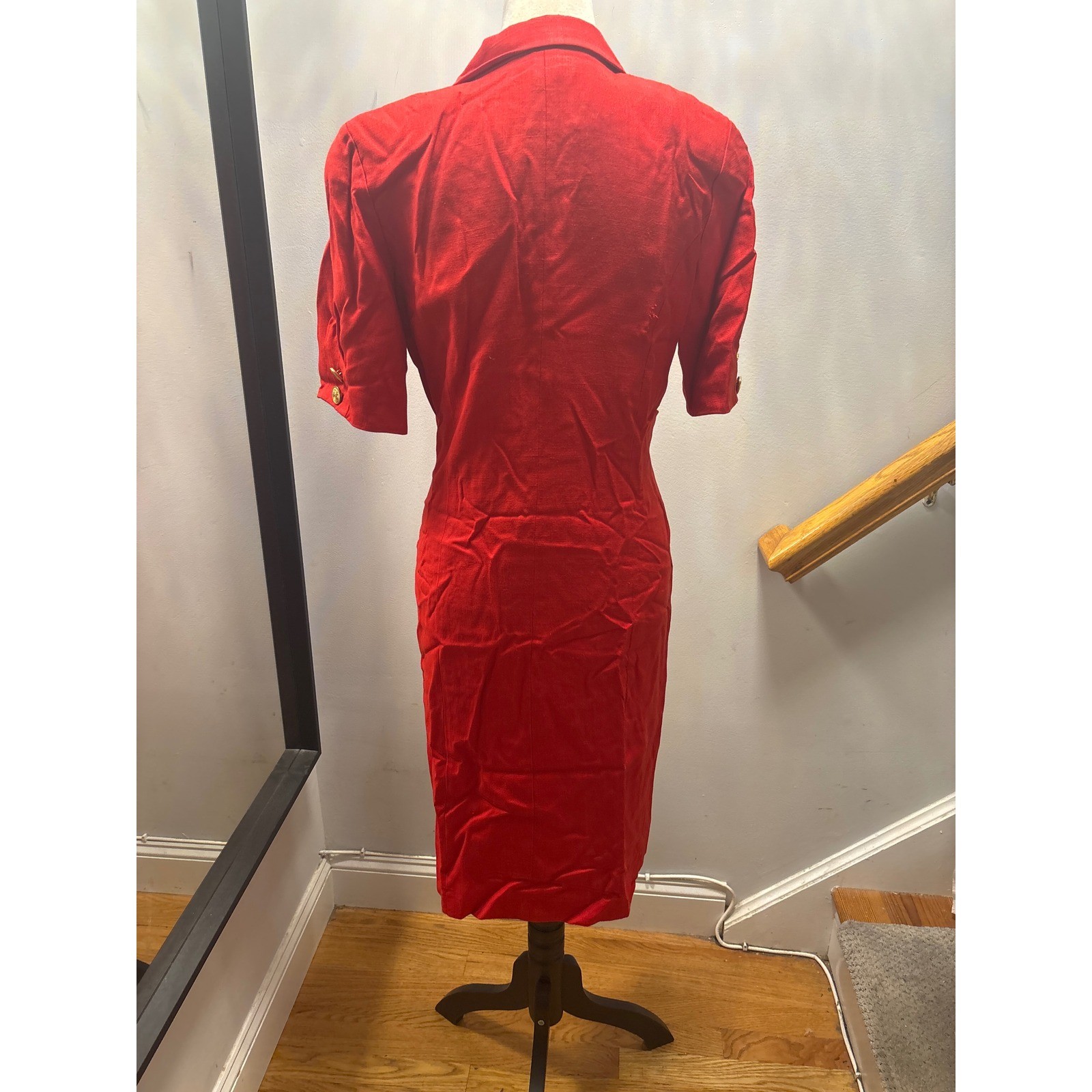 Vintage Red Double Breasted Blazer Dress Women Medium Red Gold Buttons 80s