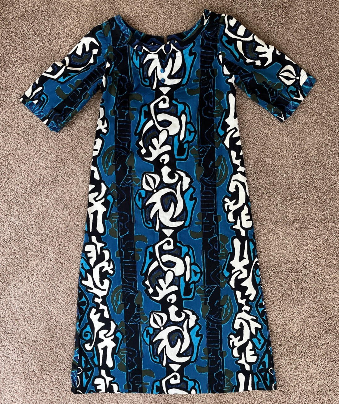 Hawaii Resort Shop Blue Geometric Midi Cotton Hawaiian Aloha Dress-32&Prime; Chest