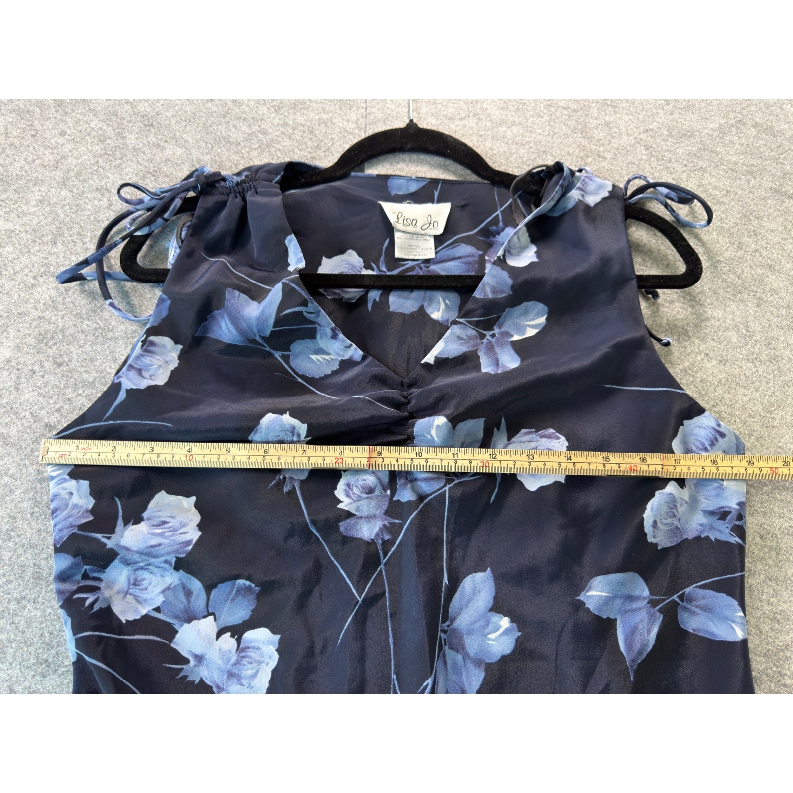 Lisa Jo Floral Midi Dress Women Large Navy Blue Vintage 90s Y2K Tie Shoulder