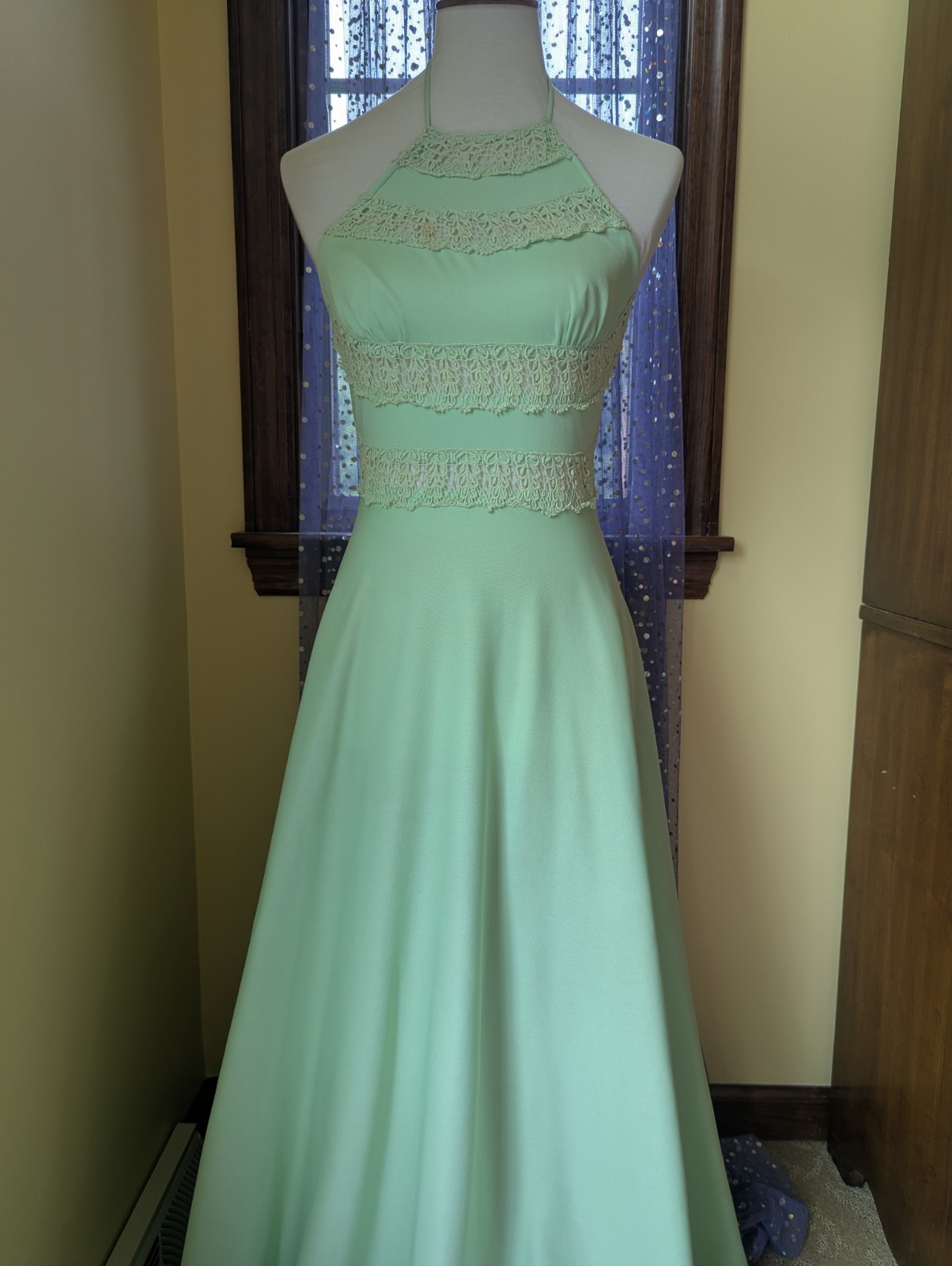 Vintage 70&rsquo;s Frederick&rsquo;s Of Hollywood Mint Green Disco Lace Halter Poly Dress XS