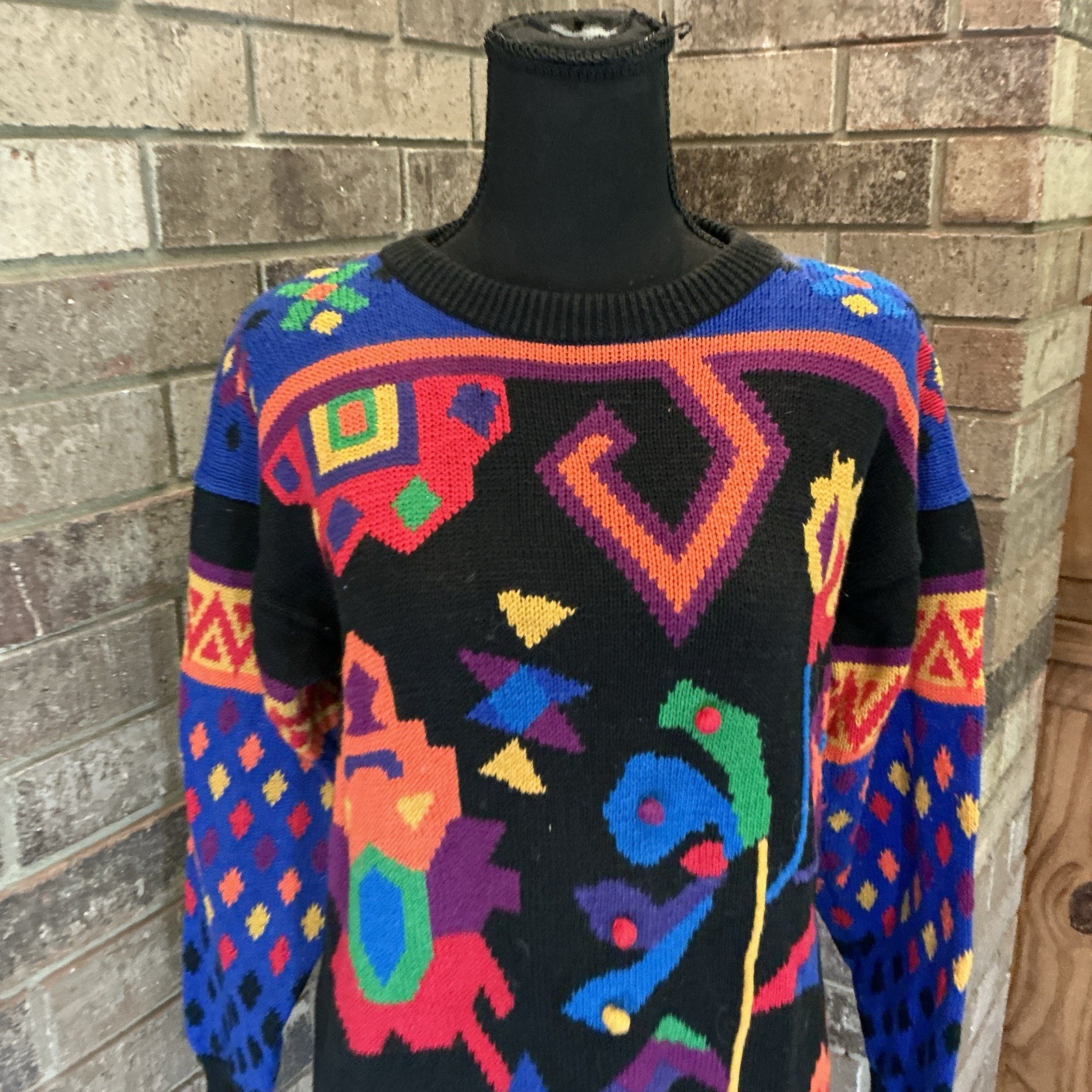 80s VINTAGE Rafaella Multicolor Abstract Knit Sweater Ramie Cotton Size S #50E7