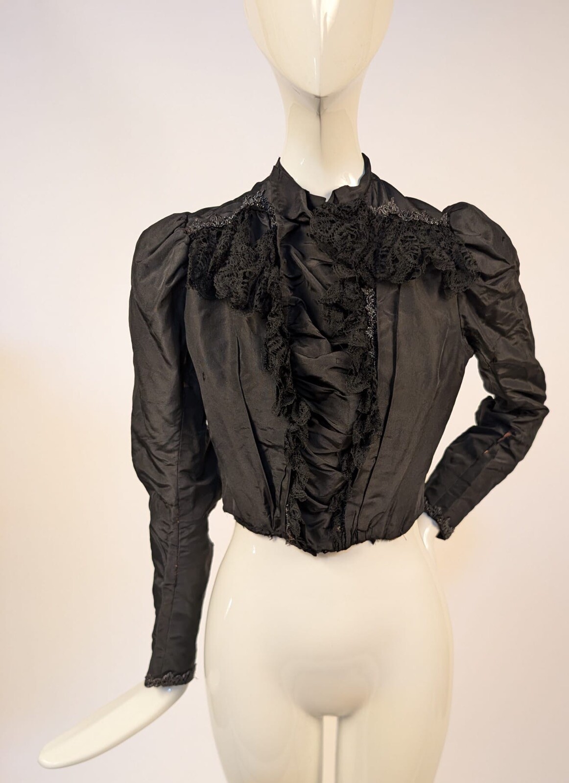 GOTHIC VICTORIAN 1890’S BLACK SILK BODICE W JET BEADING + LACE RUFFLES