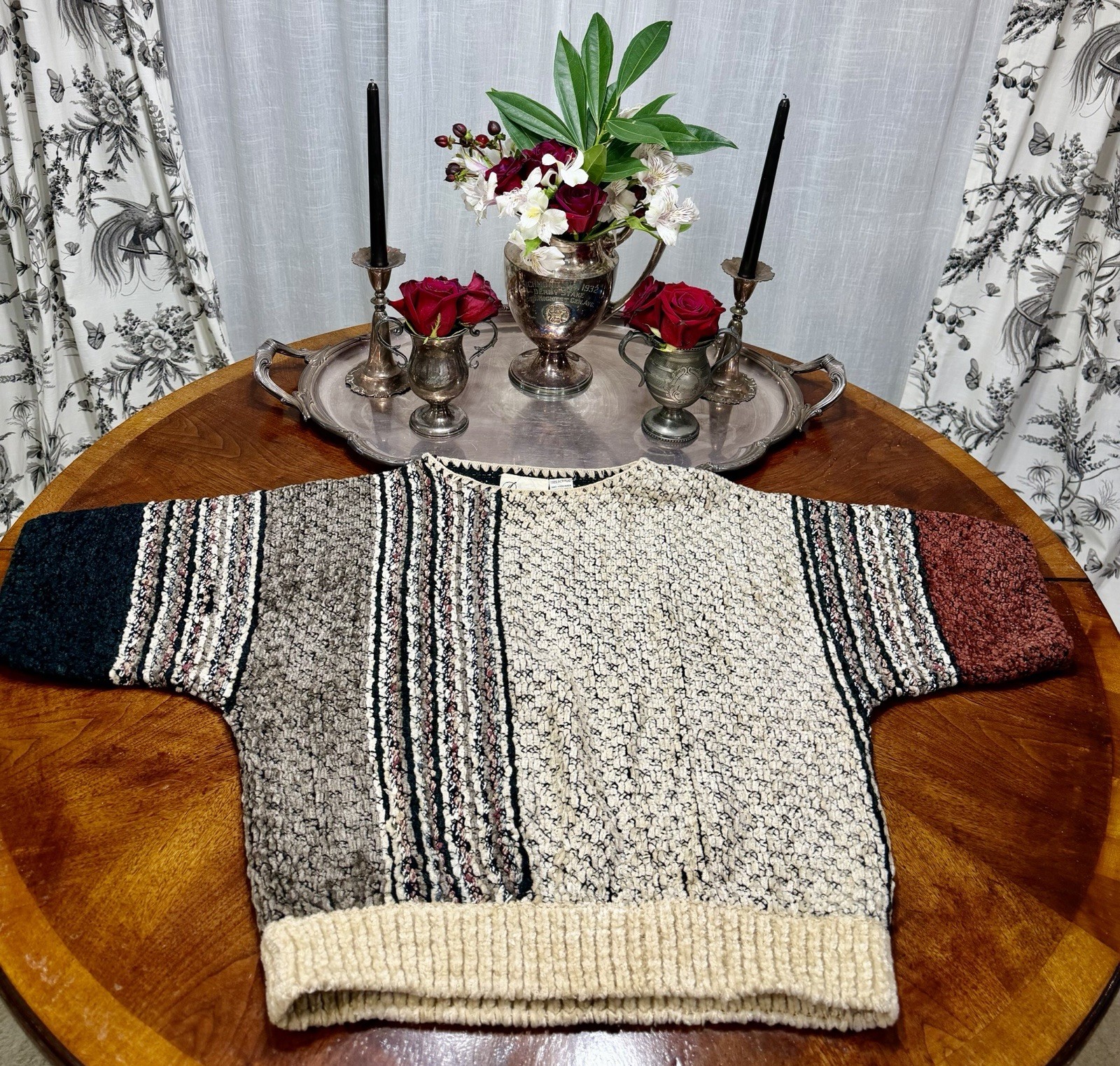 Vintage 1970s Women’s Dolman Style Short Sleeve Maroon, Brown, & Beige Sweater