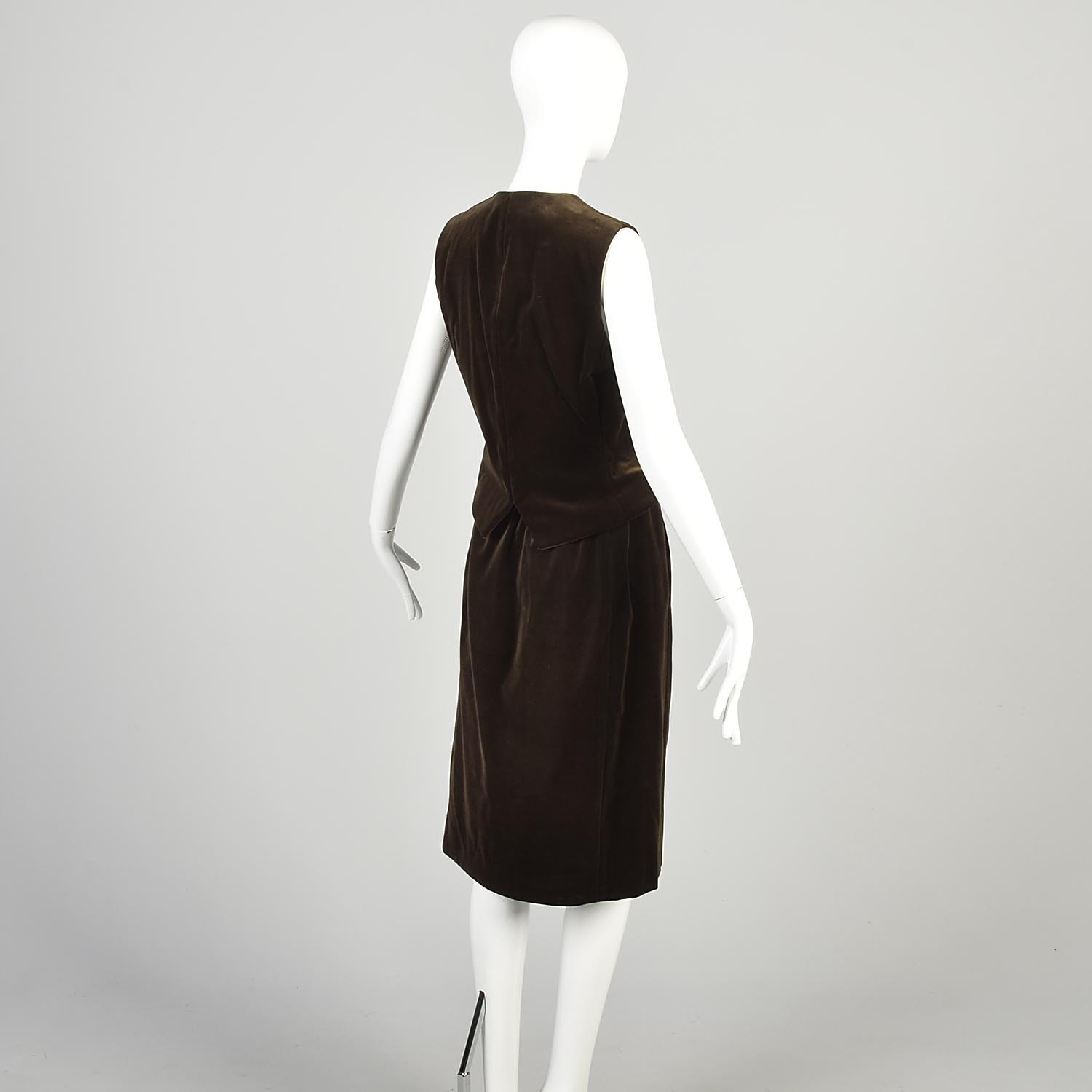 Small 1970s Halston Brown Velvet Two Piece Set Vest and Skirt Button Up Vest