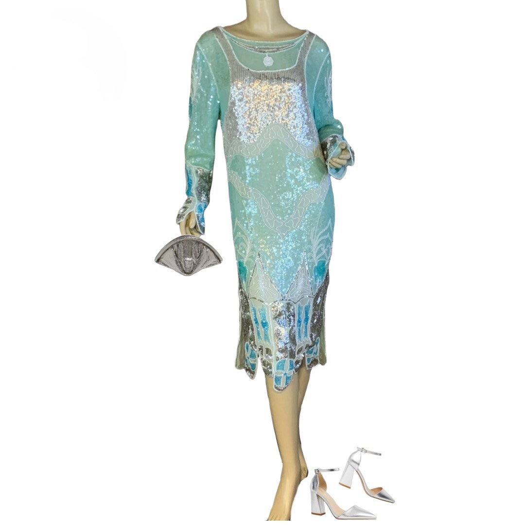 WOMEN&rsquo;S VINTAGE 1980’S ZEBUN AQUA BLUE & SILVER SILK SEQUIN DRESS APPX SZ M