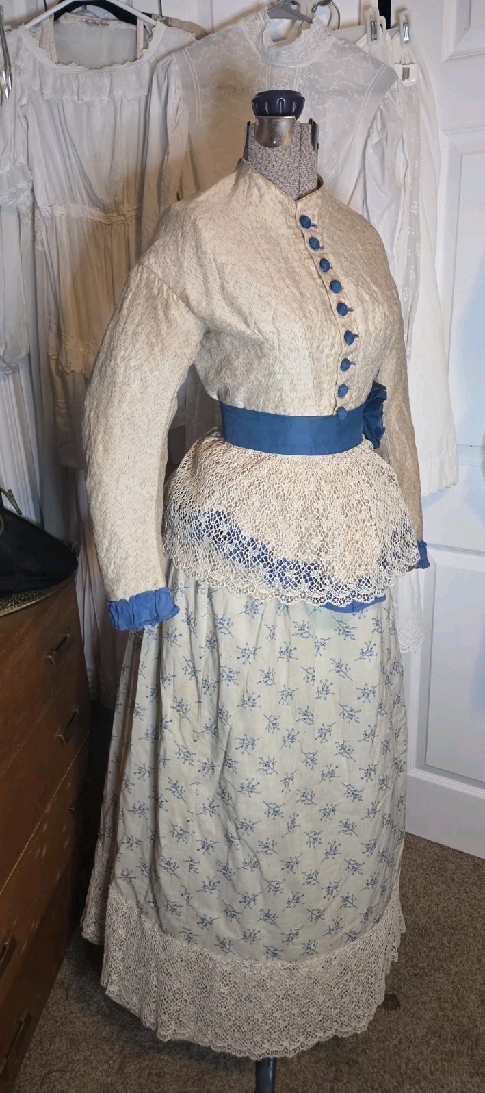 1850s Victorian 4pc Beige/Teal Cotton Blend Visiting Dress w/ Peplum & Lace Belt