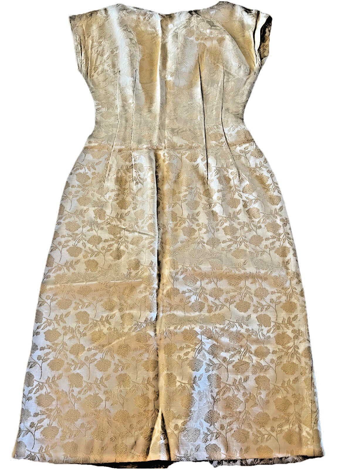 VTG 50s 2 Pc Fur Collar Crop Jacket & Ivory Damask Pencil Dress Suit Set Small**