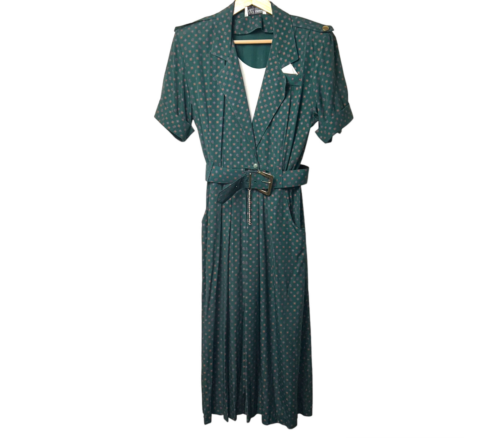 S.L. Fashions Vintage Green Geometric Print Belted Collared Shirt Dress Medium