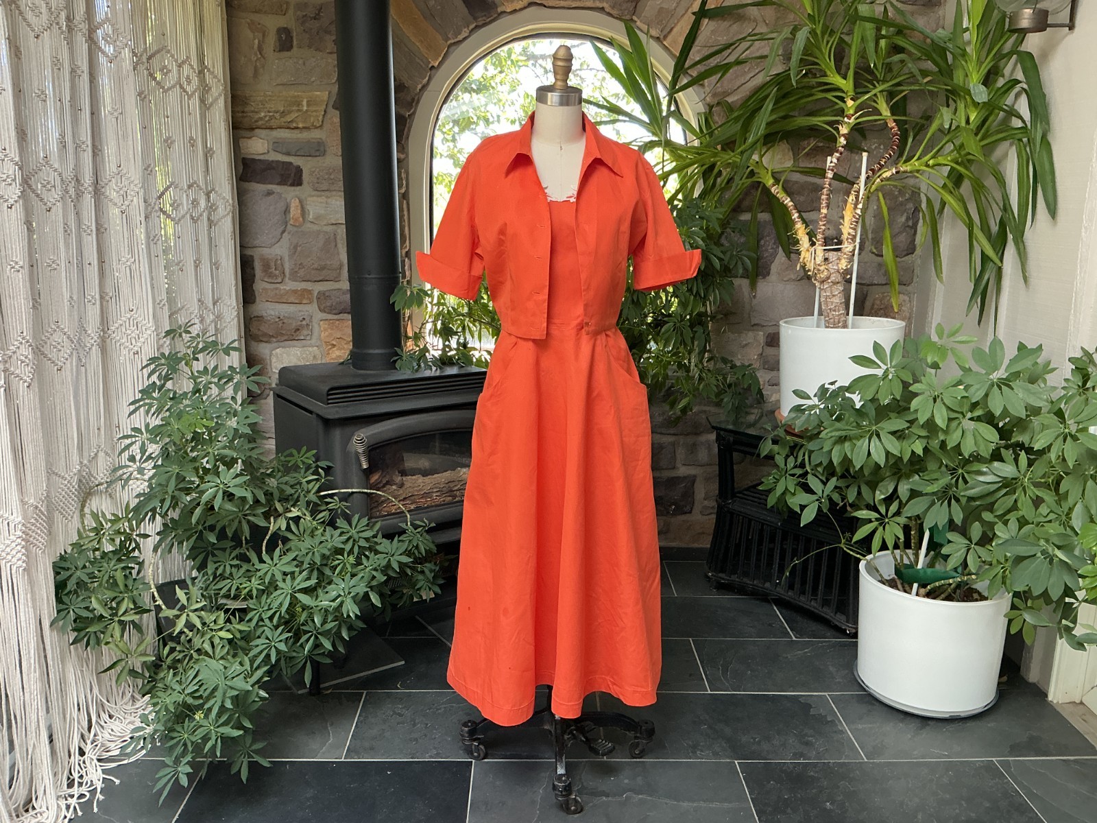 Vintage 1950s Orange Cotton Strapless Dress Matching Waist Jacket Wounded Bird