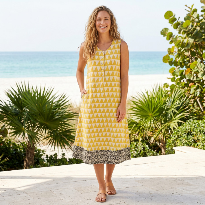 vtg Westside Yellow Mixed Print Cotton Linen Spring Summer Dress medium
