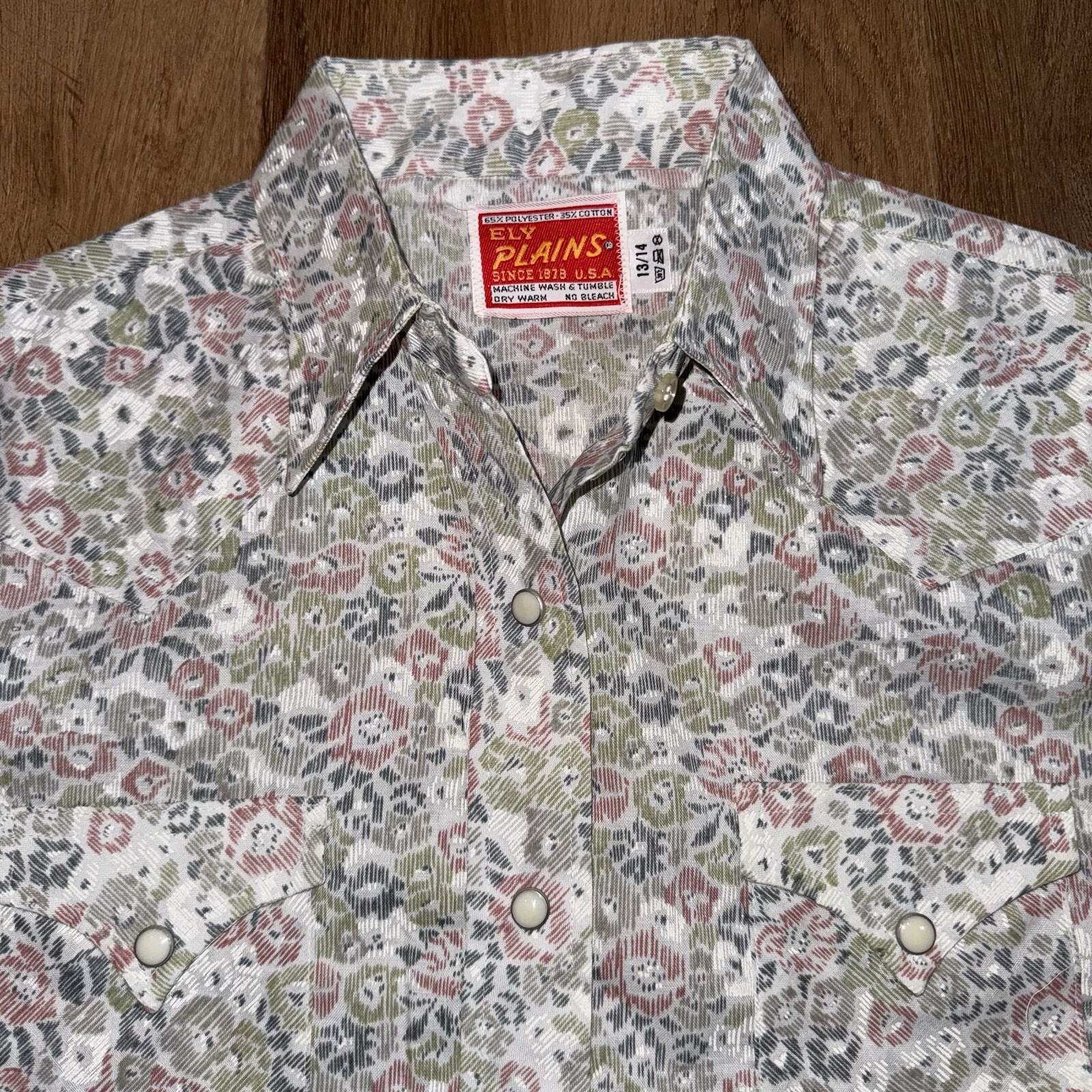 Vtg Pearl Snap Shirt Ely Plains Western Rockabilly AOP Floral 70s Size 13 14