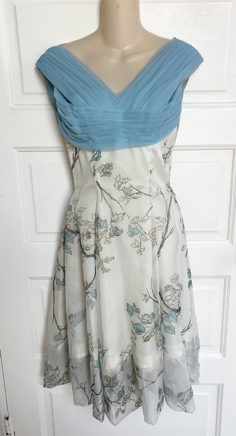 Vintage 1950s Ivory Organza Sleeveless Party Dress Floral Leaves Birds XS/S