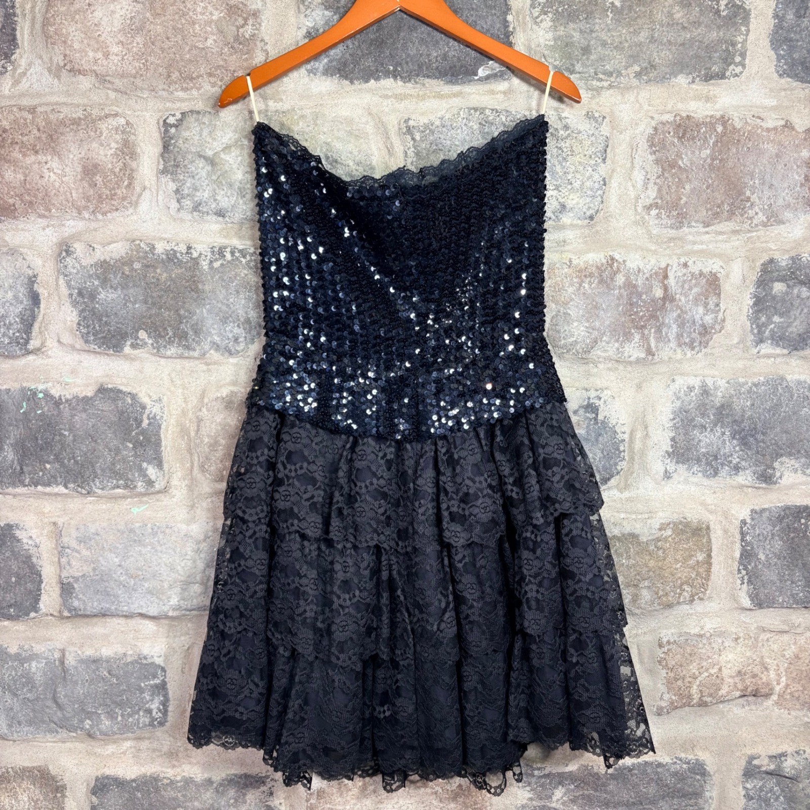 Vintage Alfred Angelo Flirtations Black Sequin Tiered Lace Dress Union Made 80s