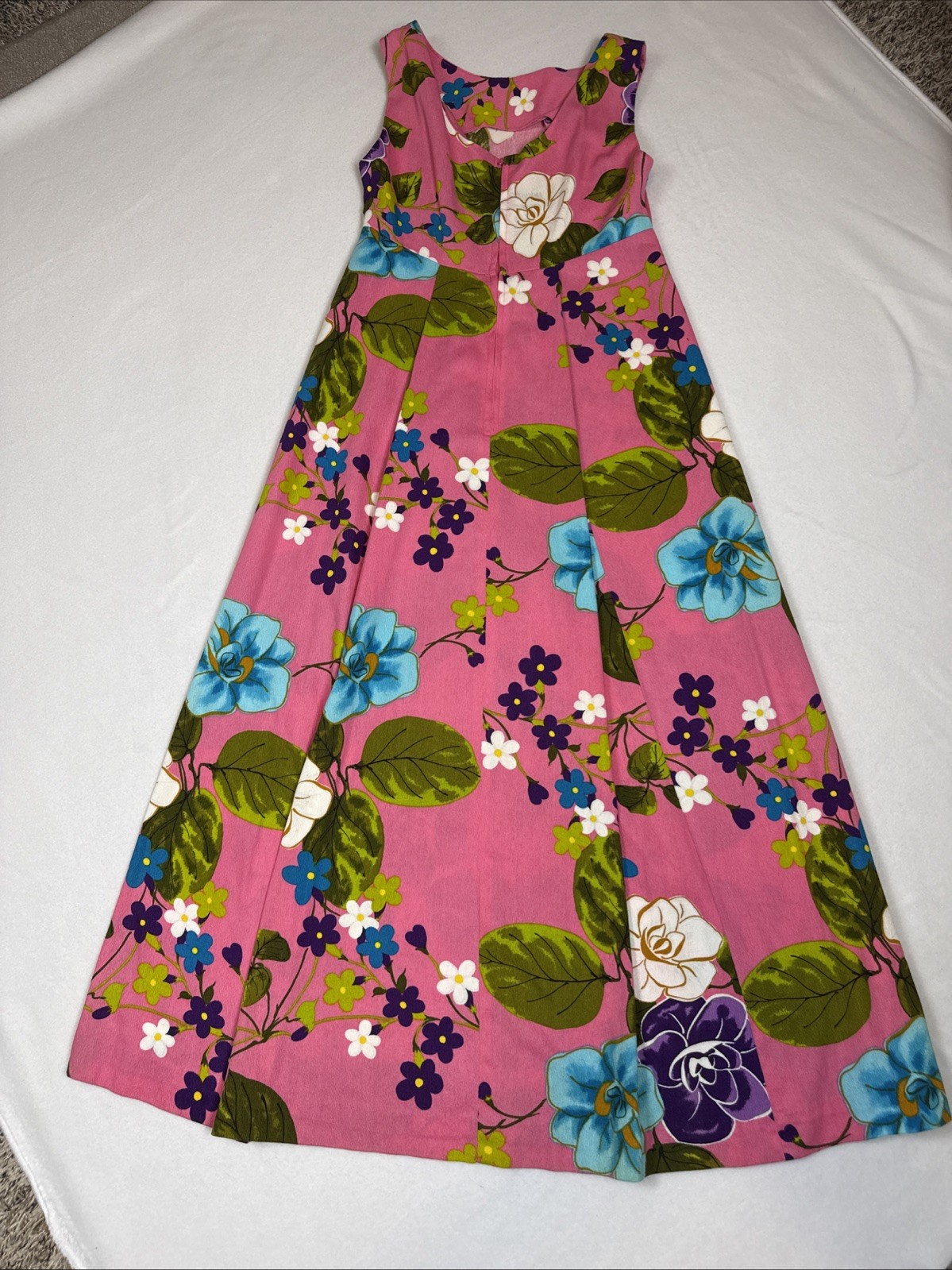 VTG 60s Ui-Maikai Hawaiian Pink Floral Barkcloth Maxi Dress Resort Tiki Luau