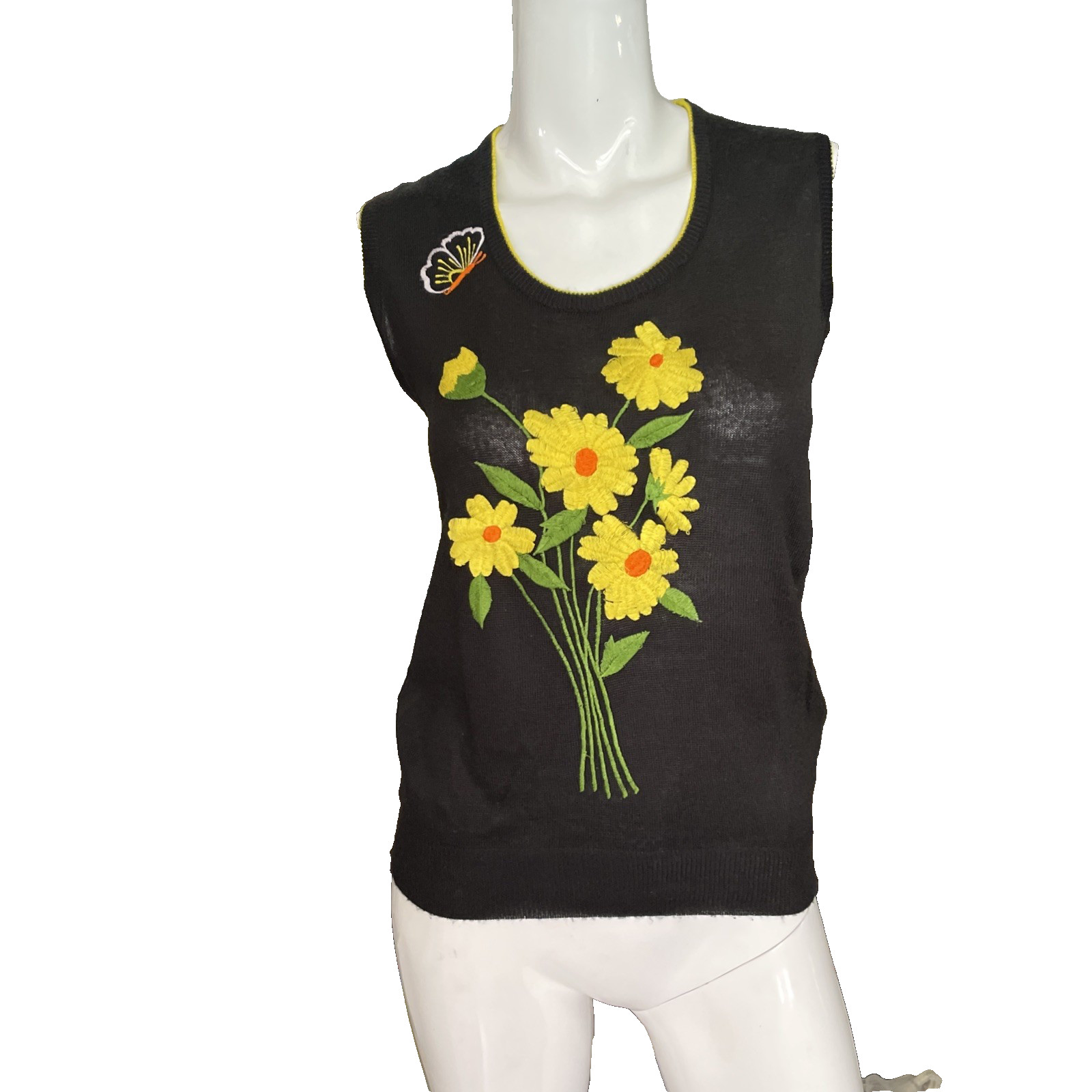 VTG Rochelle California 50s Black Embroidered Sunflower VestTank Knit S/M