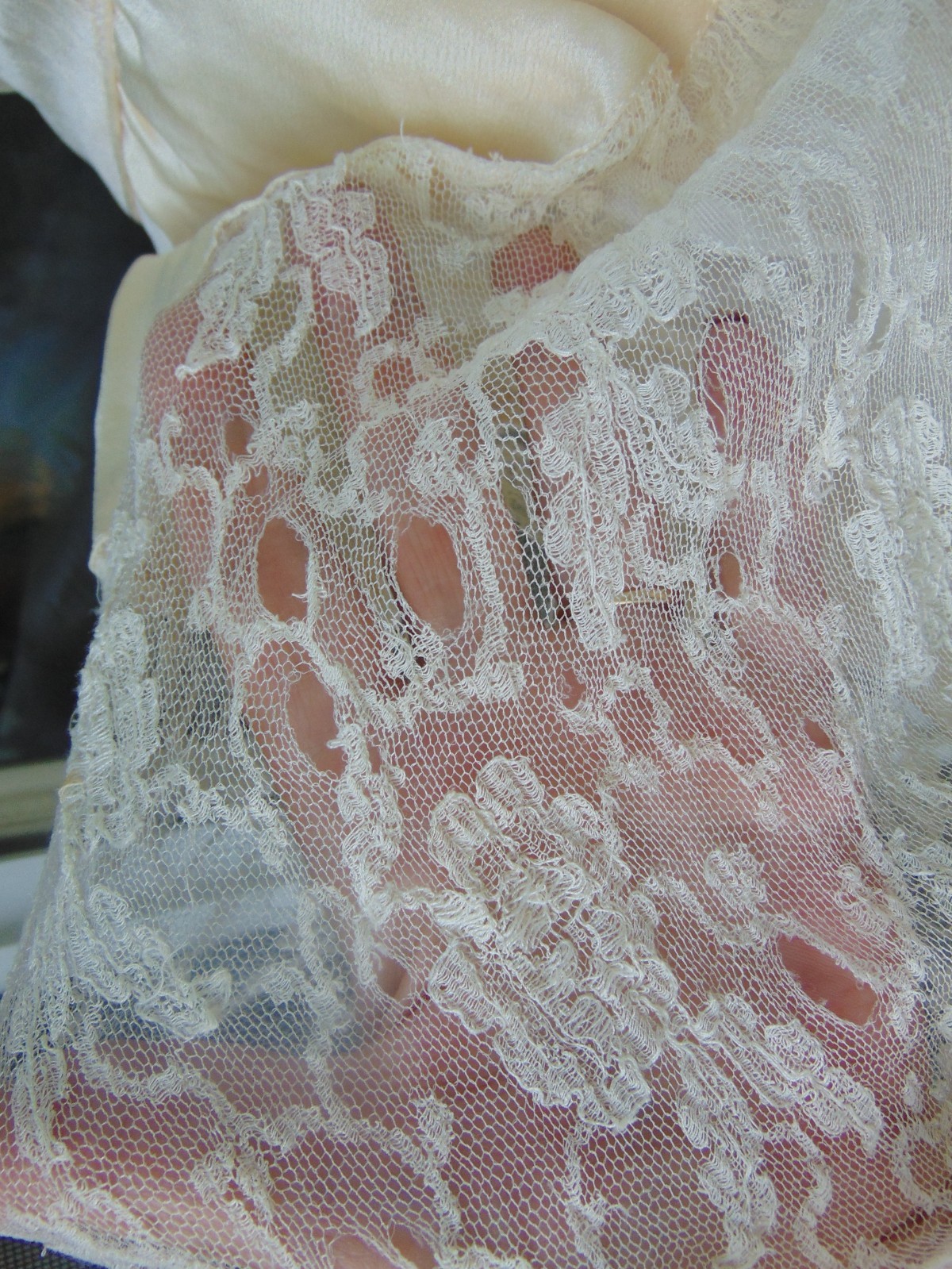 1920s Champagne Satin & Lace Robe de Style Wedding Dress AS IS