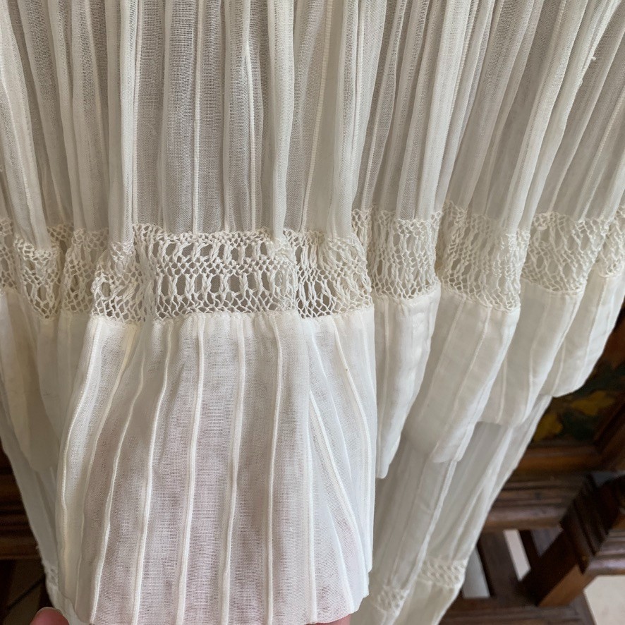 Antique Edwardian White Cotton Dress XXS Crochet Lace Lawn Tea Victorian Sheer