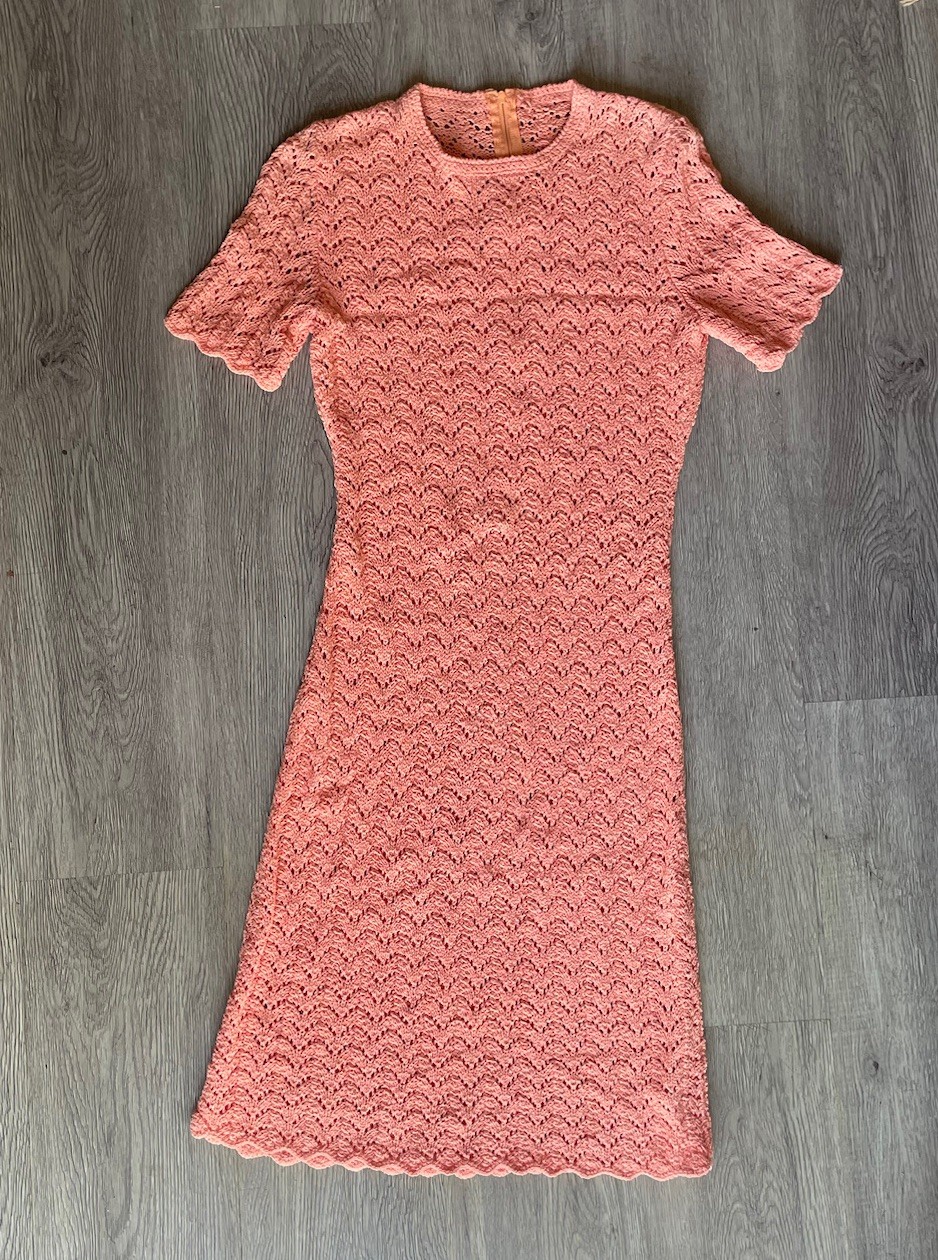 Salmon pink vintage open crochet mid length zipper back dress 60s or 70s 1970s
