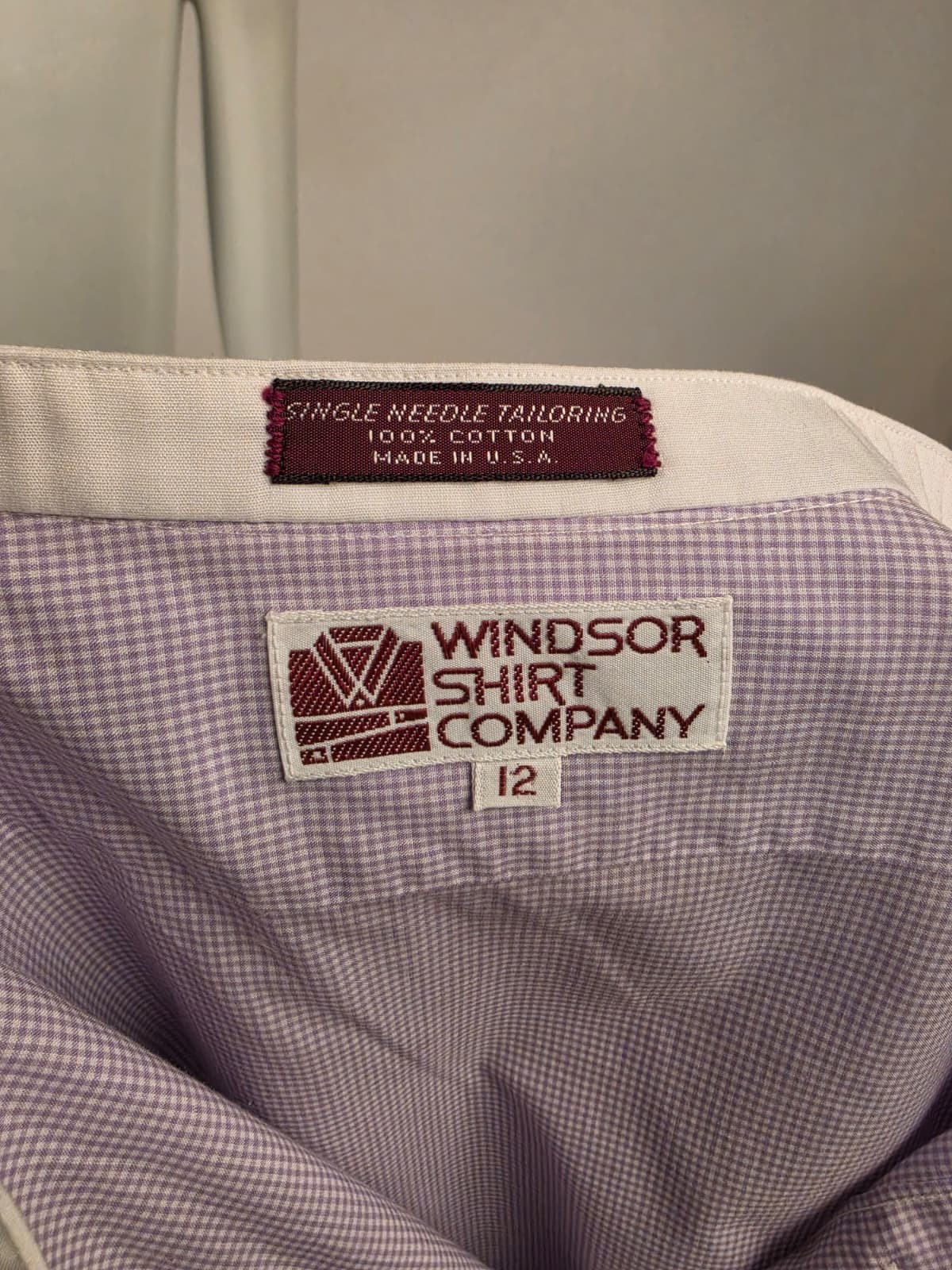 VINTAGE EARLY 1980’S LAVENDER CHECK COTTON SHIRT W WHITE BAND COLLAR