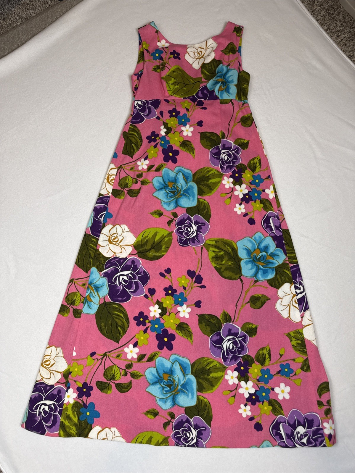 VTG 60s Ui-Maikai Hawaiian Pink Floral Barkcloth Maxi Dress Resort Tiki Luau