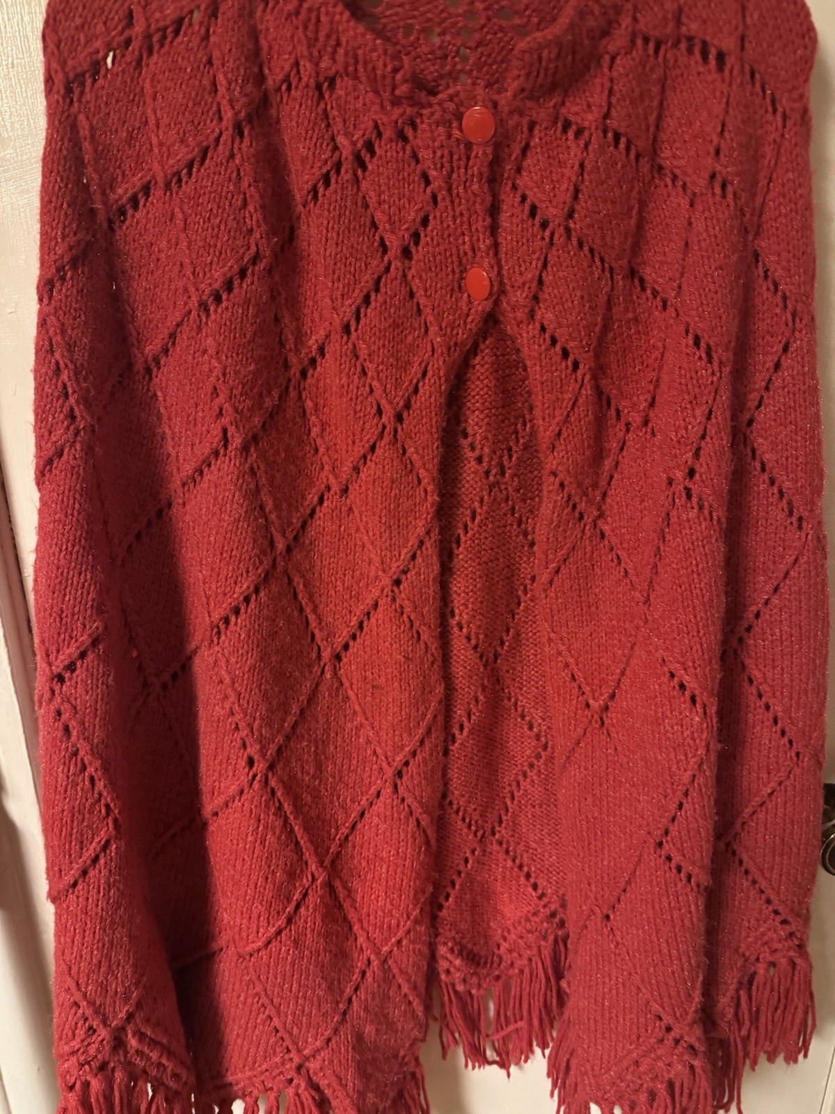 Vintage 1960-1970’s Red Hand Knit One Of A Kind Caplete With Fringe DiamondLace
