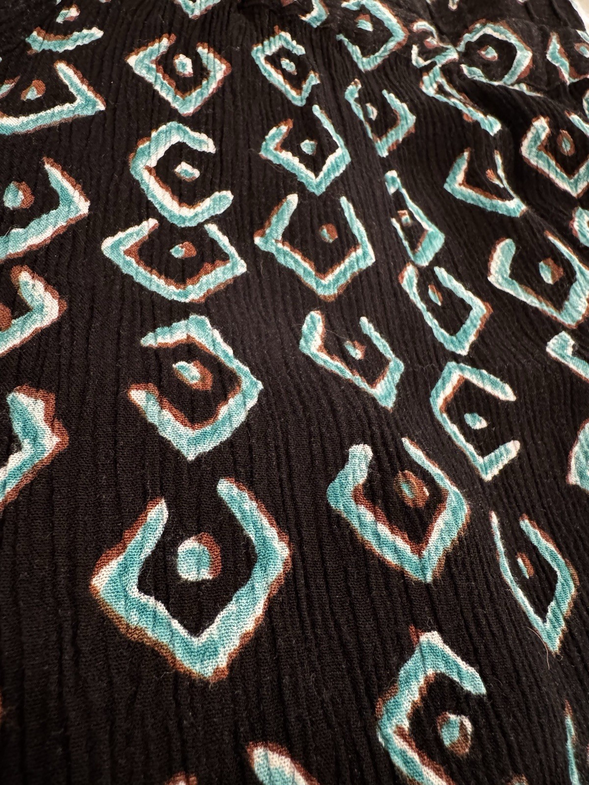 Vintage 90s Rayon Crinkle Skort S Black Teal Geometric Tribal Boho Festival
