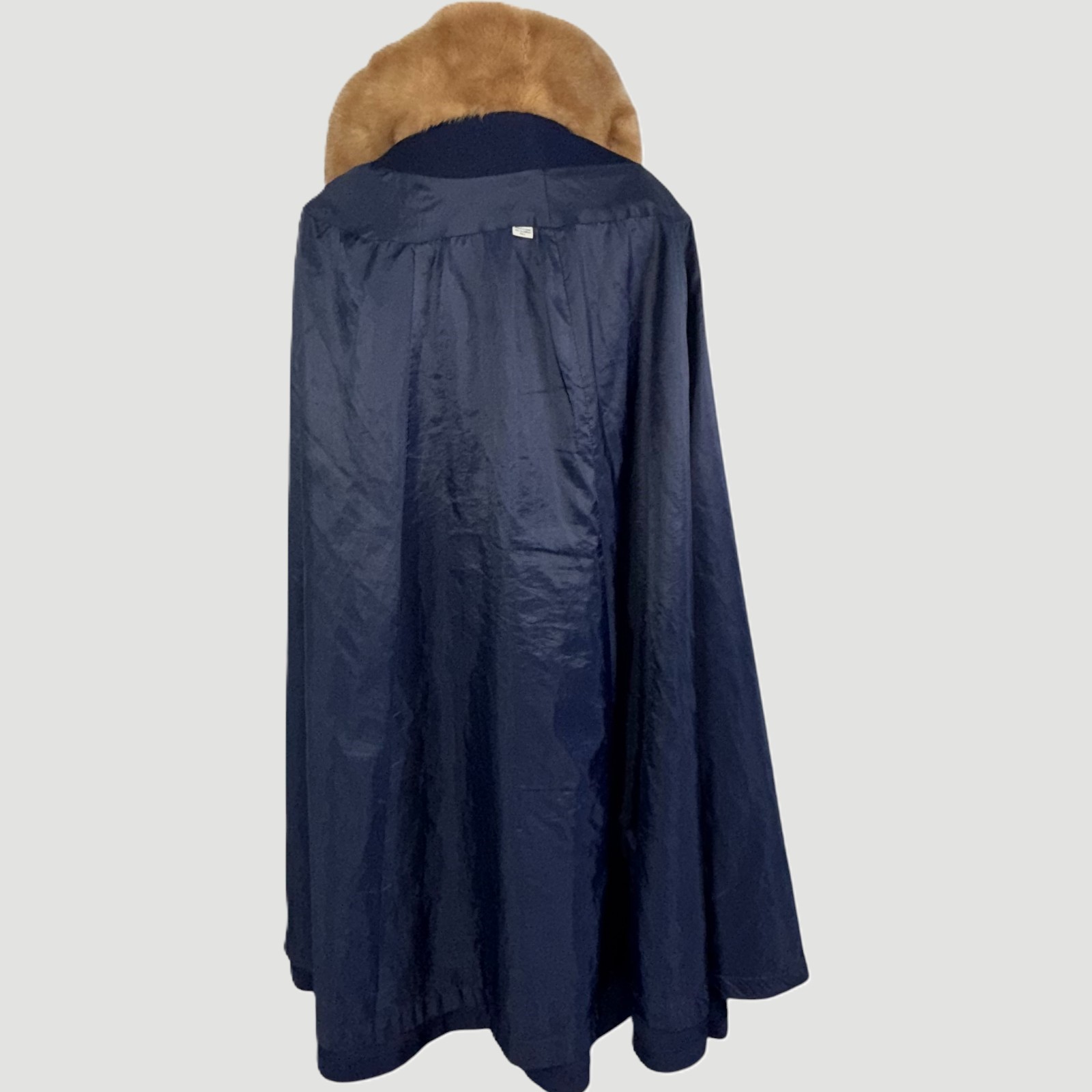 Vintage 1950s Opera Cape Cloak Navy Wool Fur Collar Swing Coat Satin Lined