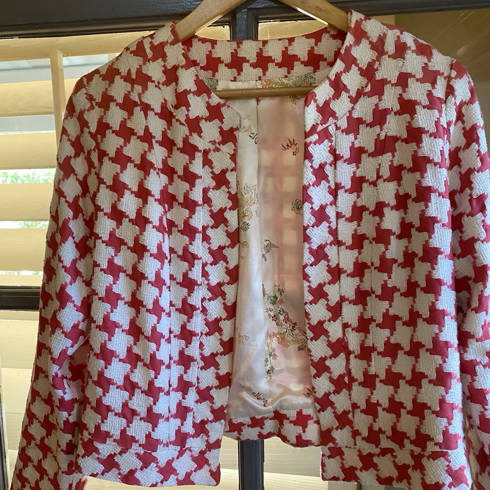 Vintage Handmade Pink Plaid Short Jacket With White Floral Satin Lining