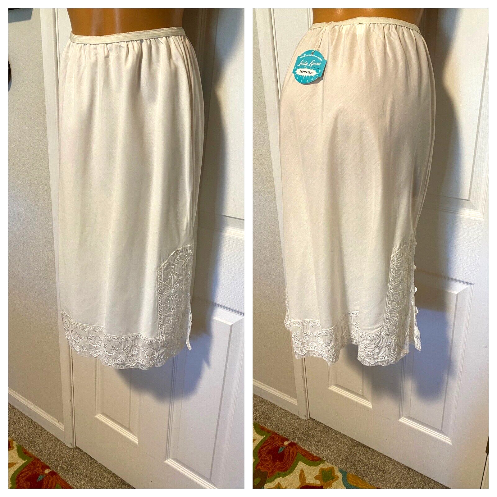 VTG 1960&rsquo;s LADY LYNNE LINGERIE WHITE W/EYELET LACE TRIM HALF SLIP USA NOS SZ L