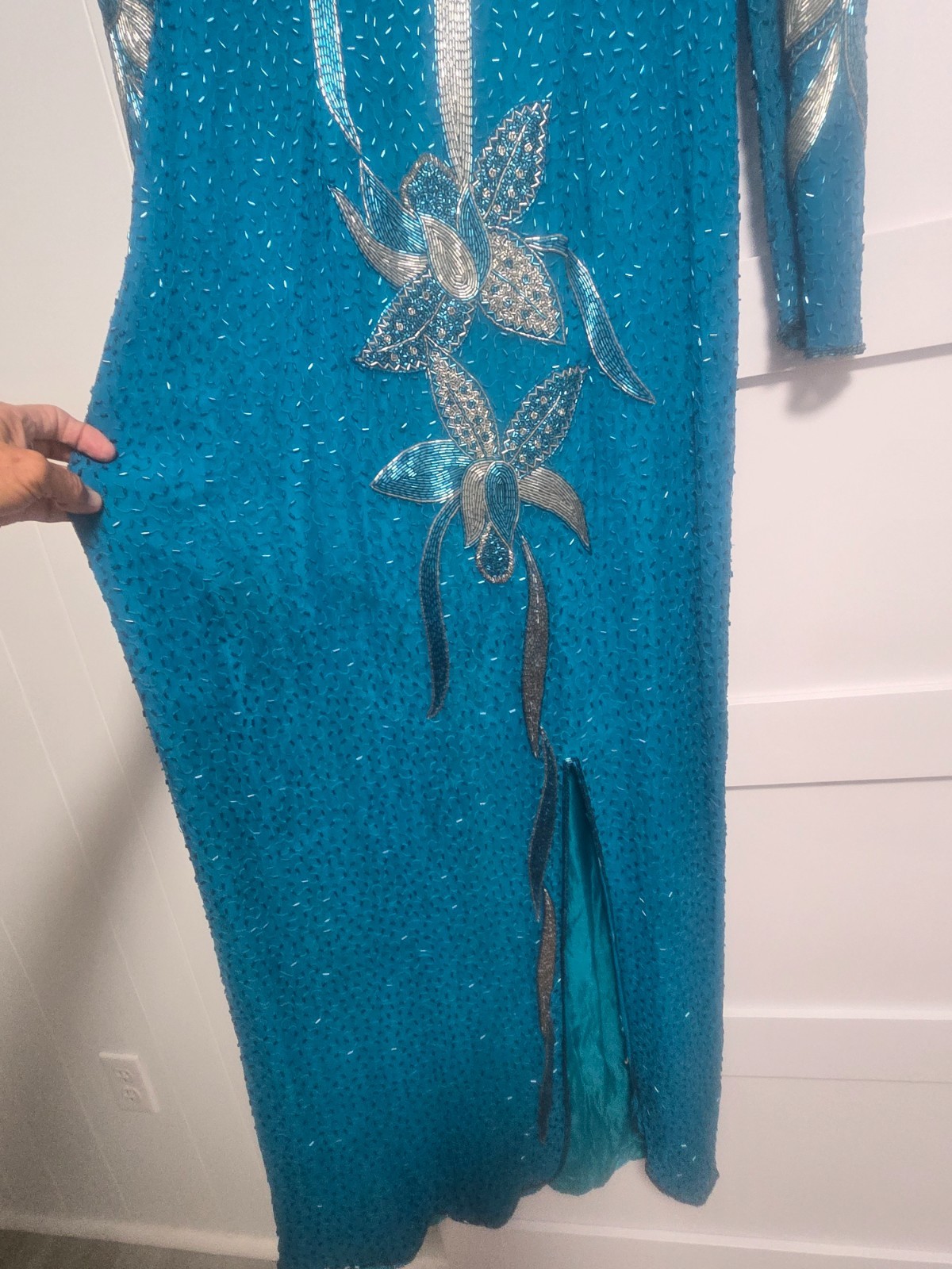 Vintage VINNIE Long Green, Teal, Silk Beaded Dress size XL