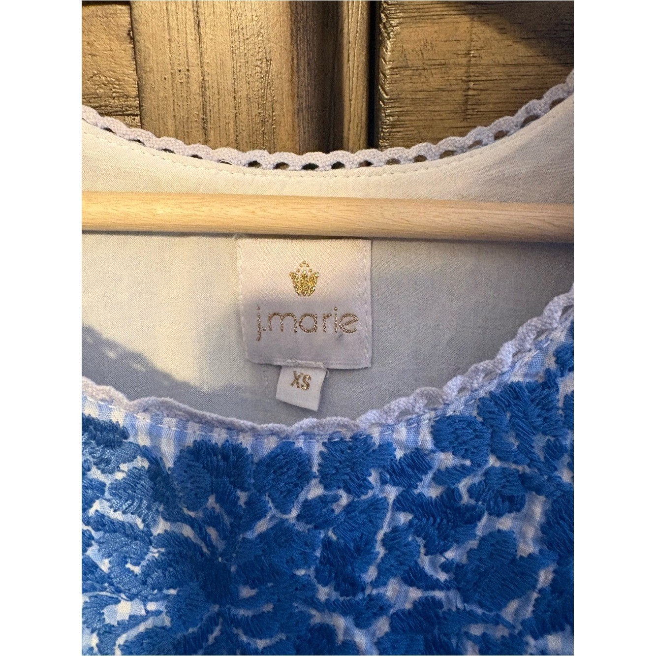 J. Marie Blue Gingham Embroidered Tiered Mini Dress XS Cottagecore Boho Cotton
