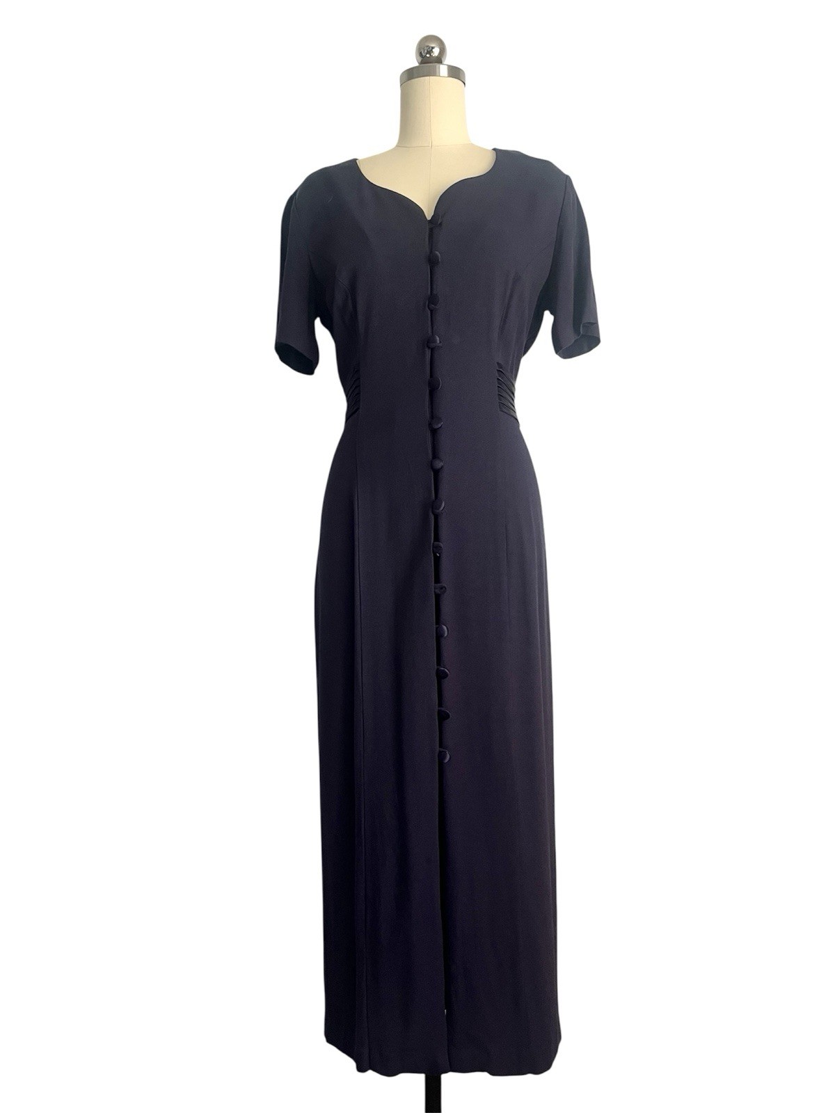 Vintage 80s Navy Blue Button Down Satin Belt Heart Neckline 40s inspired Midi S