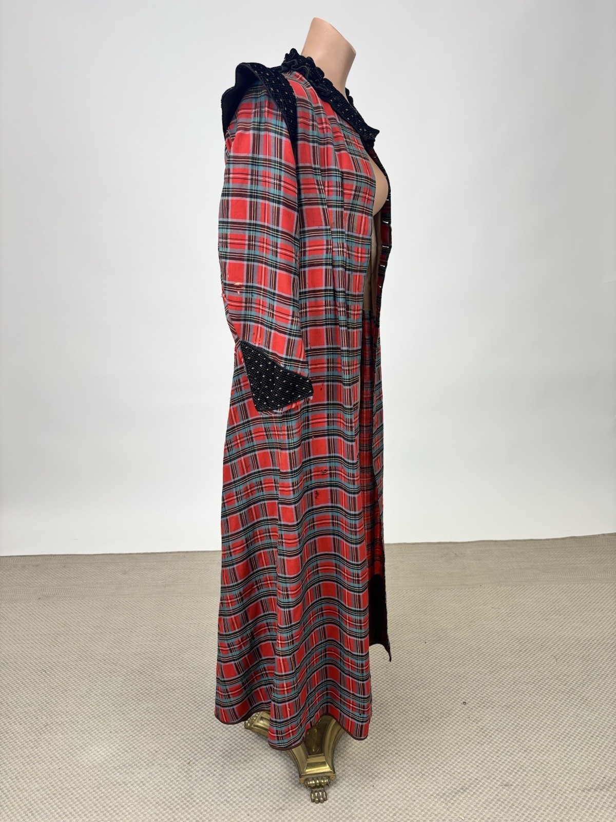 Antique Victorian Walking Coat Plaid Red Green Black Yellow Burnout Velvet AS IS
