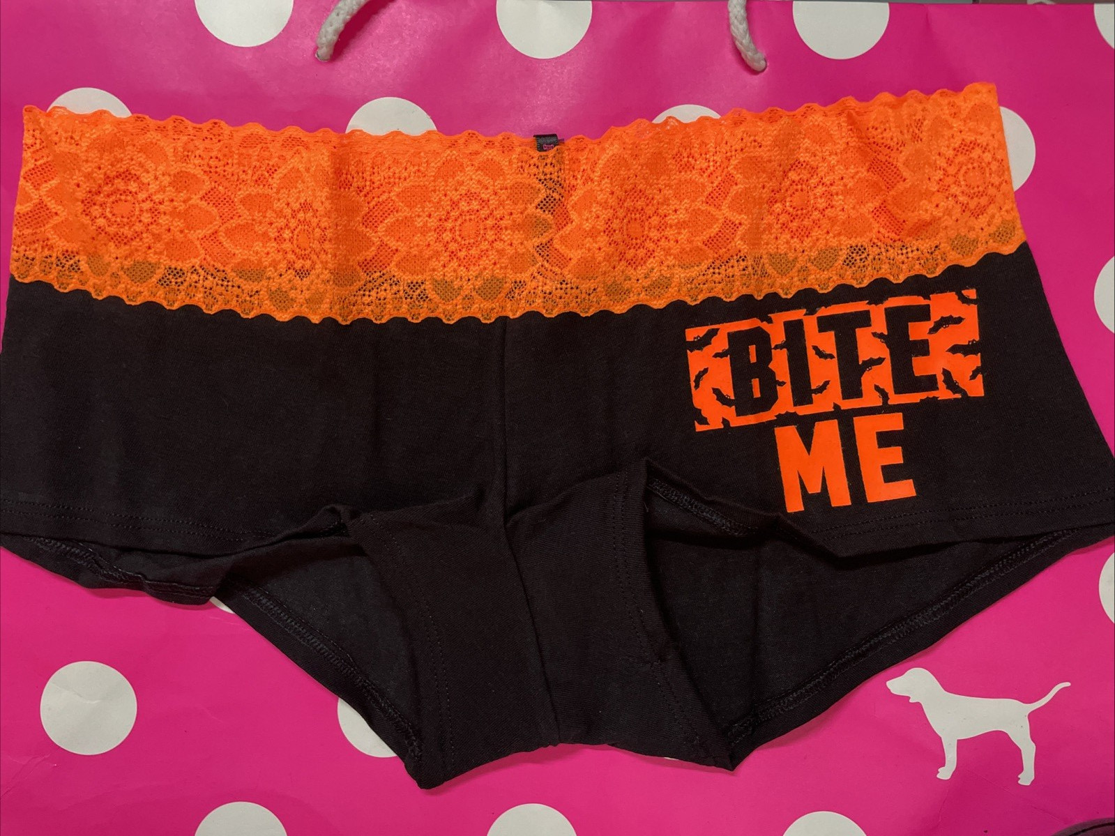 2015 Victoria Secret PINK Vintage Lace Waist Low Rise Boyshort Panties M Bite Me