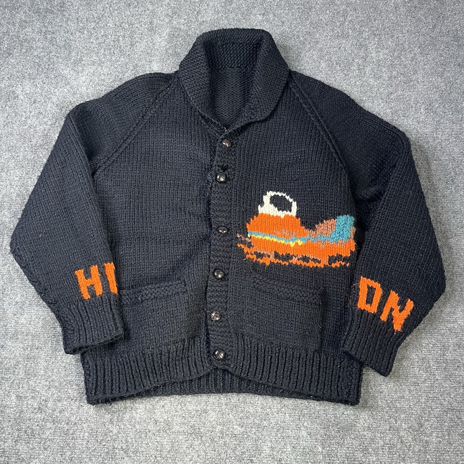 Vtg 1960s Cowichan Hand Knitted Sweater Cardigan Snowmobile Chunky Mens M/L