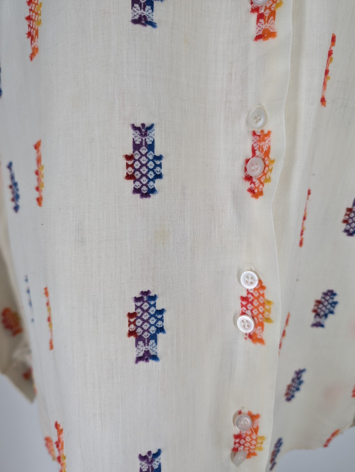 Vintage 70s Embroidered 3D Multicolor Boho Allover Print Disco Shirt Take #1 44&Prime;