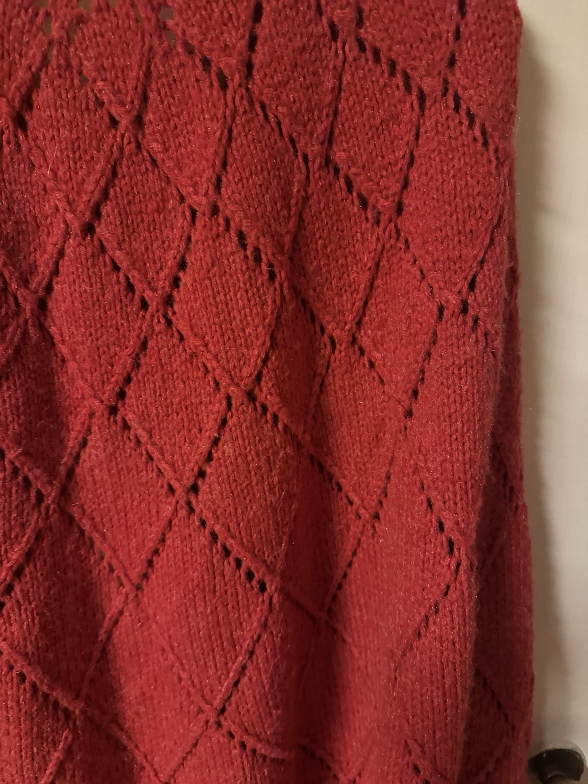 Vintage 1960-1970’s Red Hand Knit One Of A Kind Caplete With Fringe DiamondLace